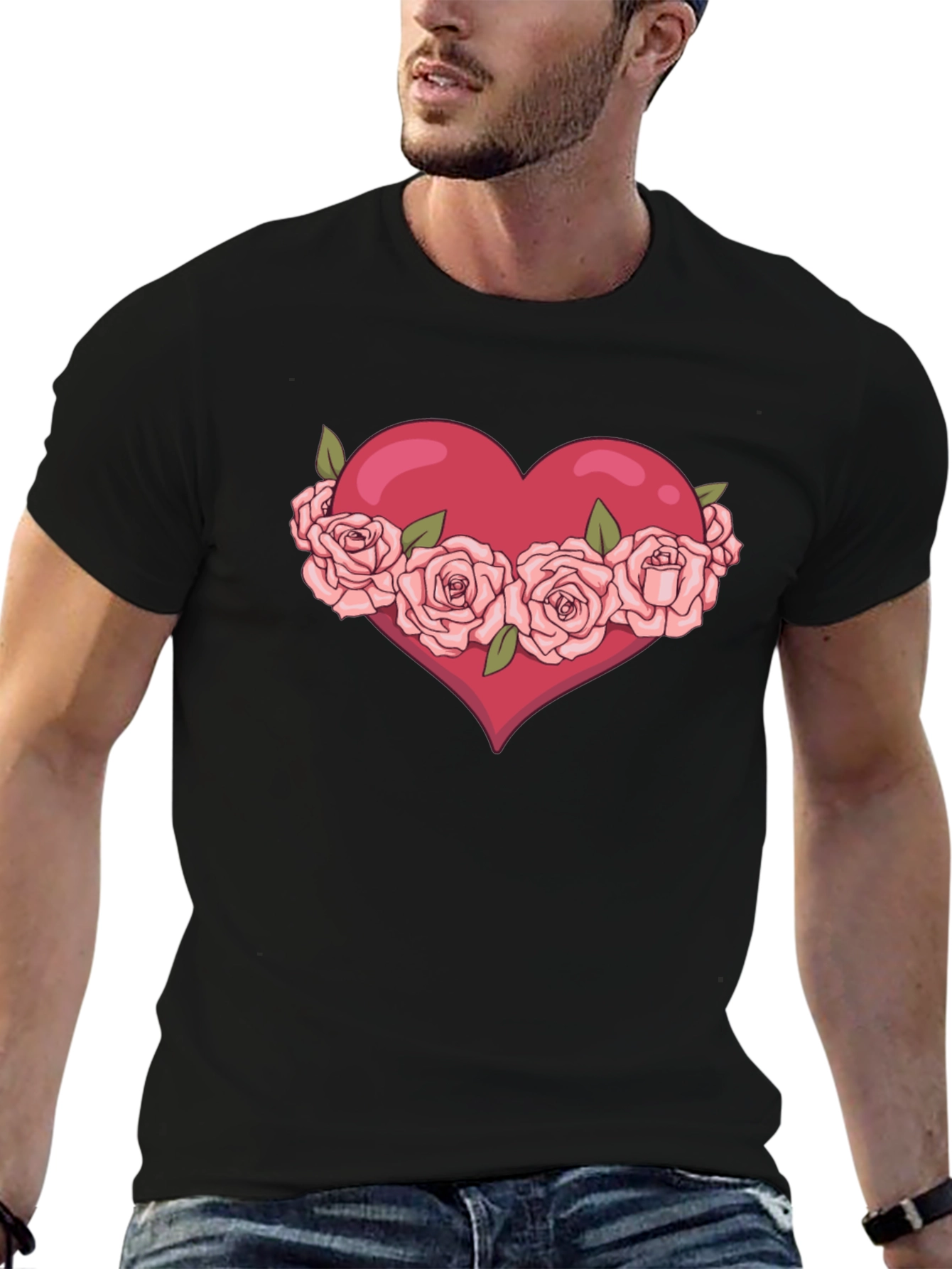 Heart with Roses Graphic Black T-Shirt