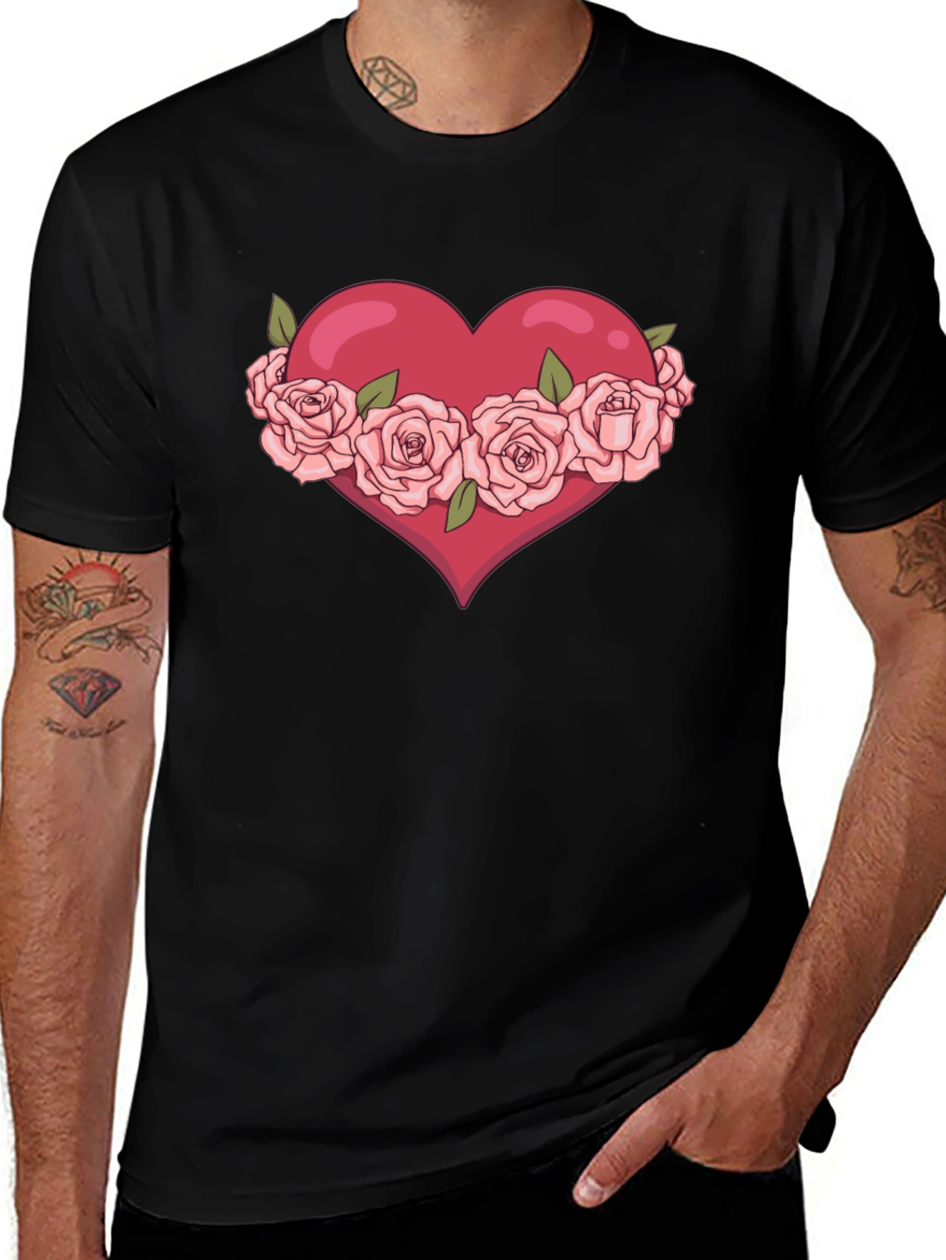 Heart with Roses Graphic Black T-Shirt