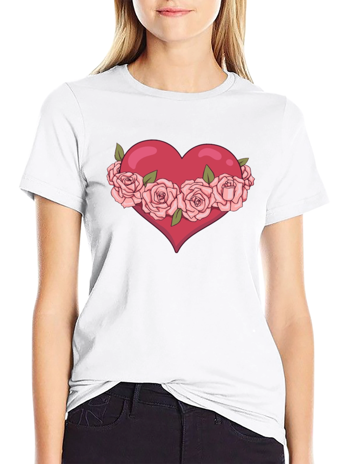 Heart with Roses Graphic Black T-Shirt