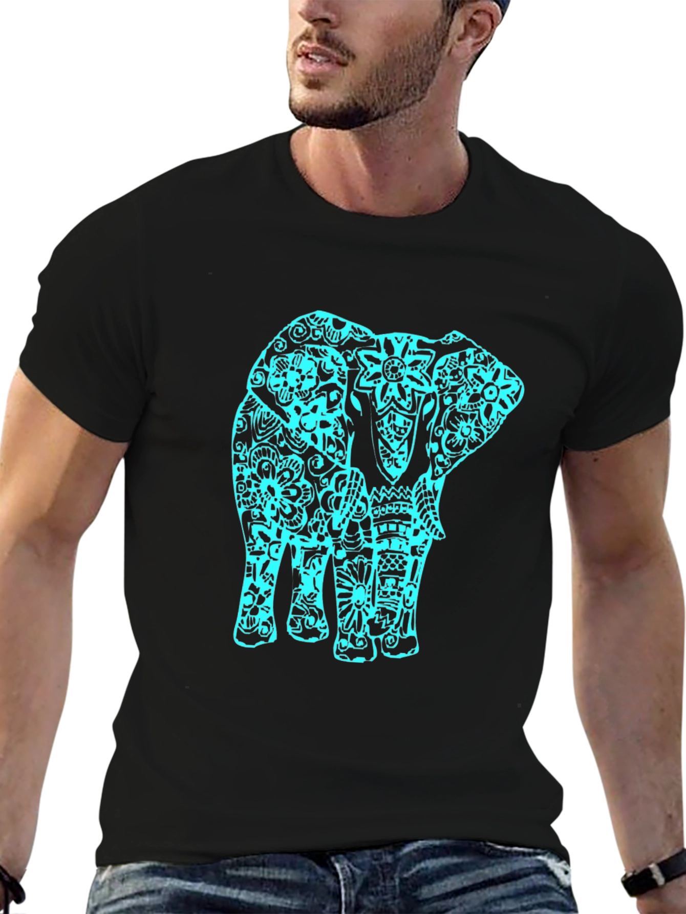 Black T-Shirt with Turquoise Elephant Design
