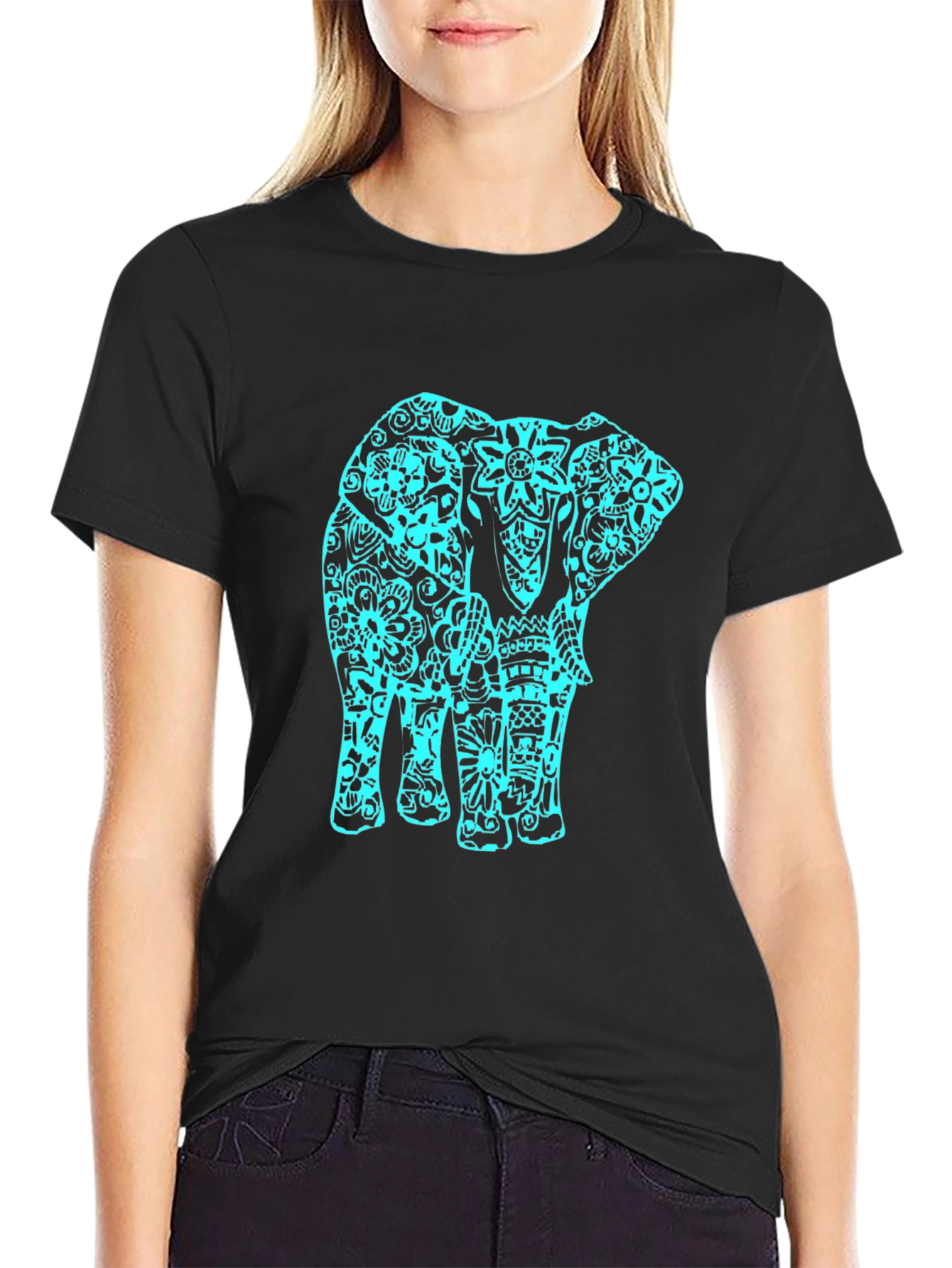 Black T-Shirt with Turquoise Elephant Design