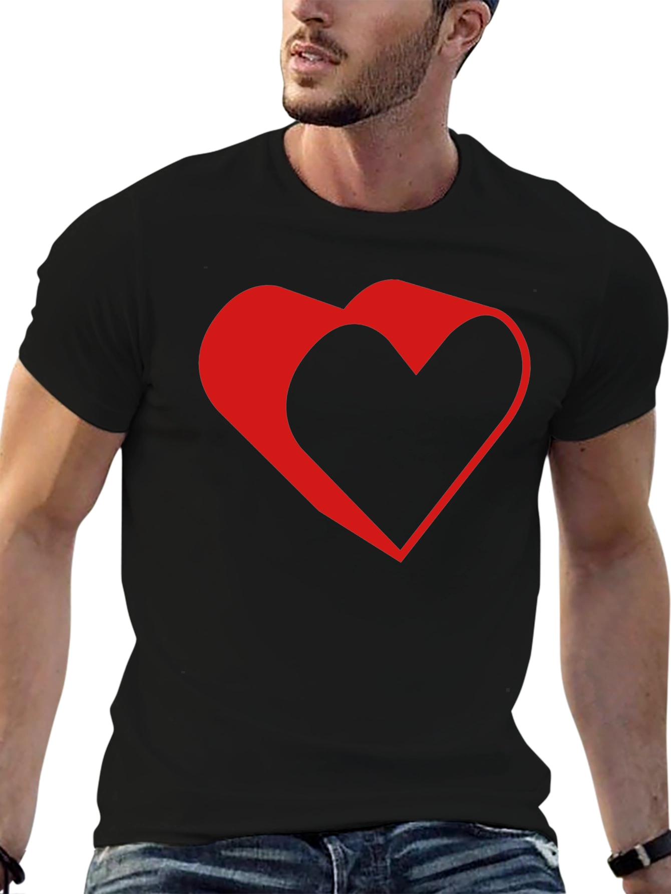 Modern Red Heart Graphic Black T-Shirt