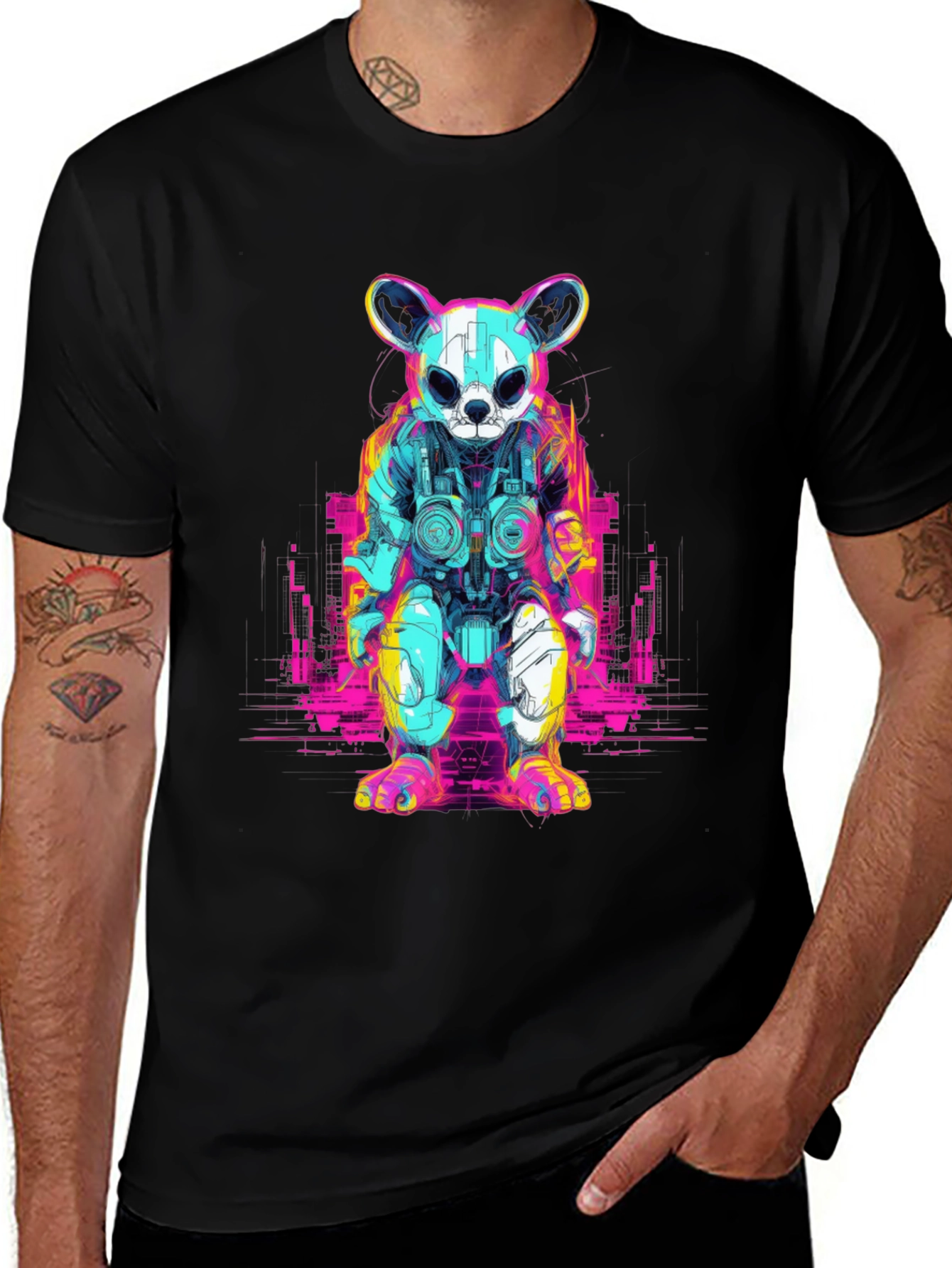 Cyberpunk Bear Graphic T-Shirt - Black