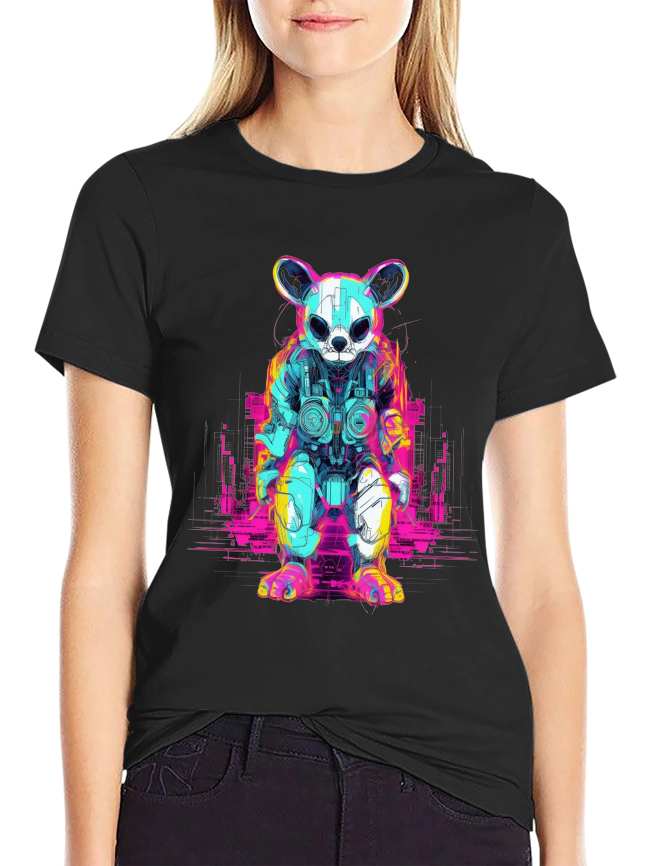 Cyberpunk Bear Graphic T-Shirt - Black