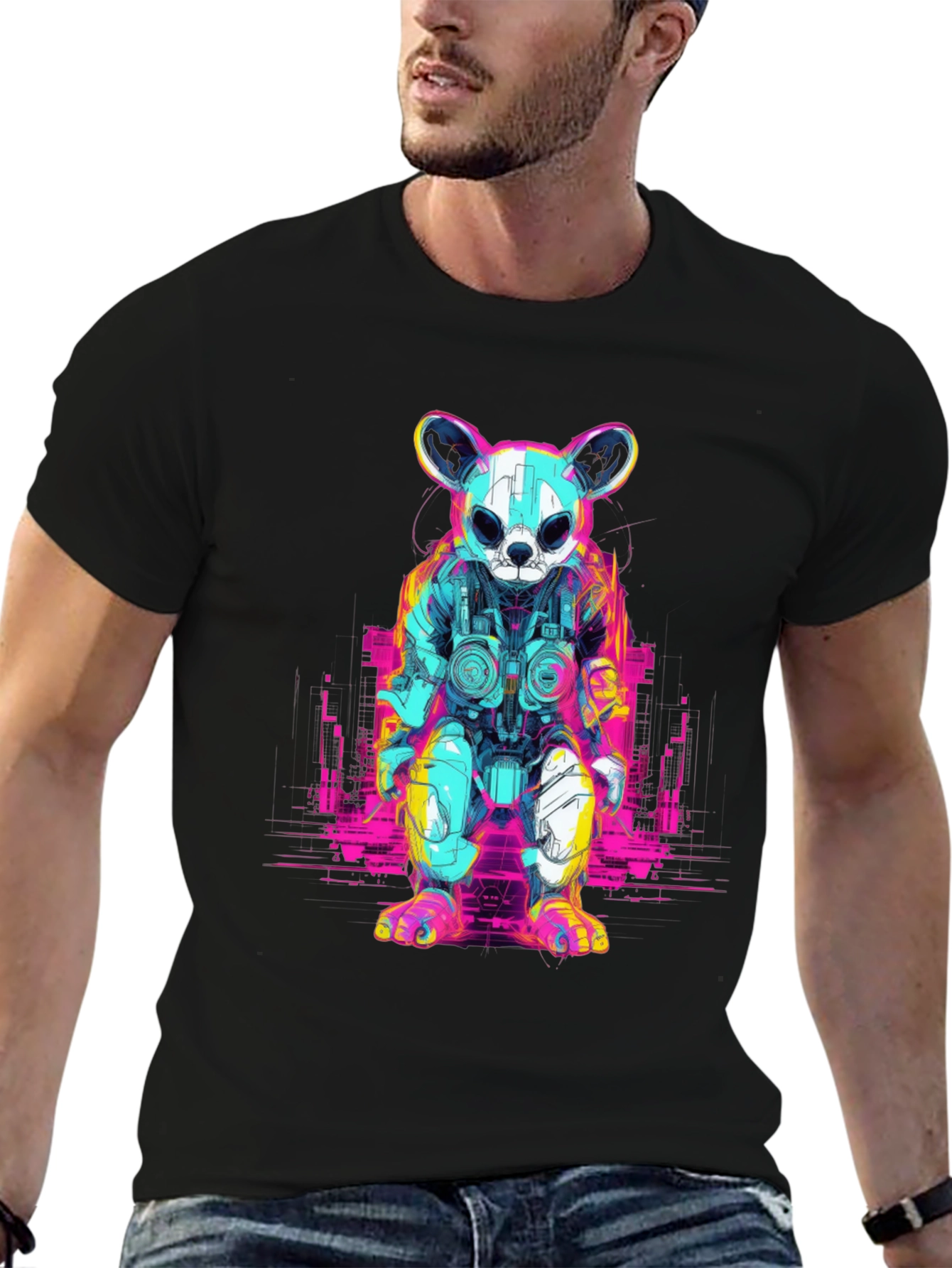 Cyberpunk Bear Graphic T-Shirt - Black