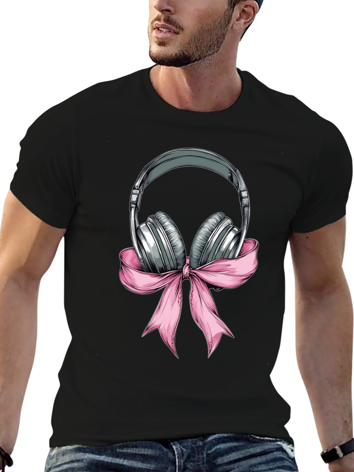 Headphones with Pink Ribbon Graphic T-Shirt