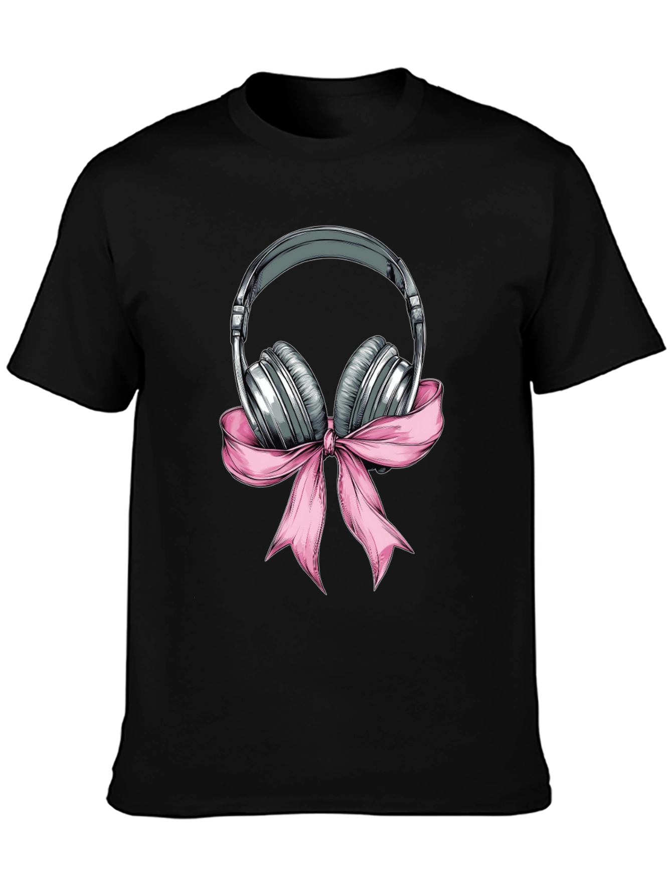 Headphones with Pink Ribbon Graphic T-Shirt