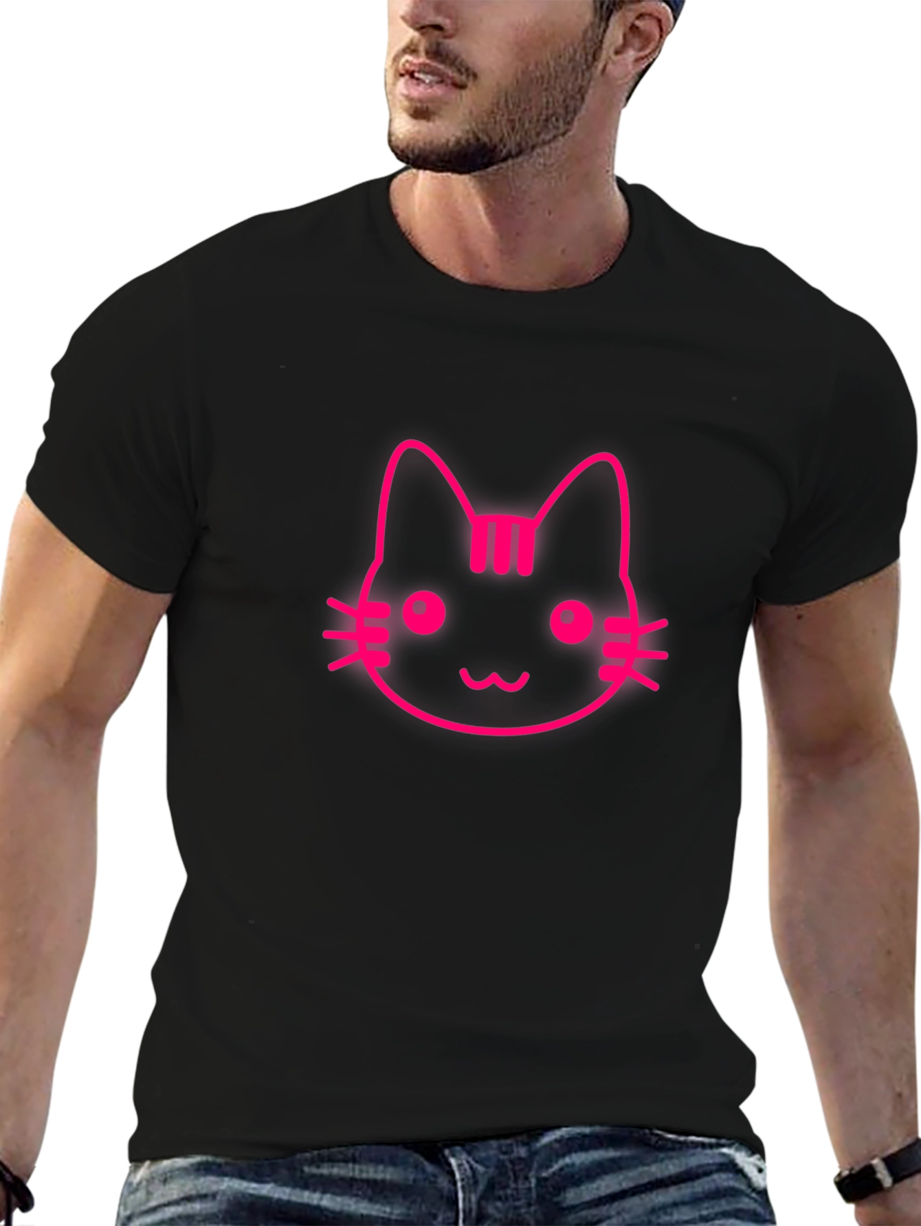 Pink Cat Graphic Black T-Shirt