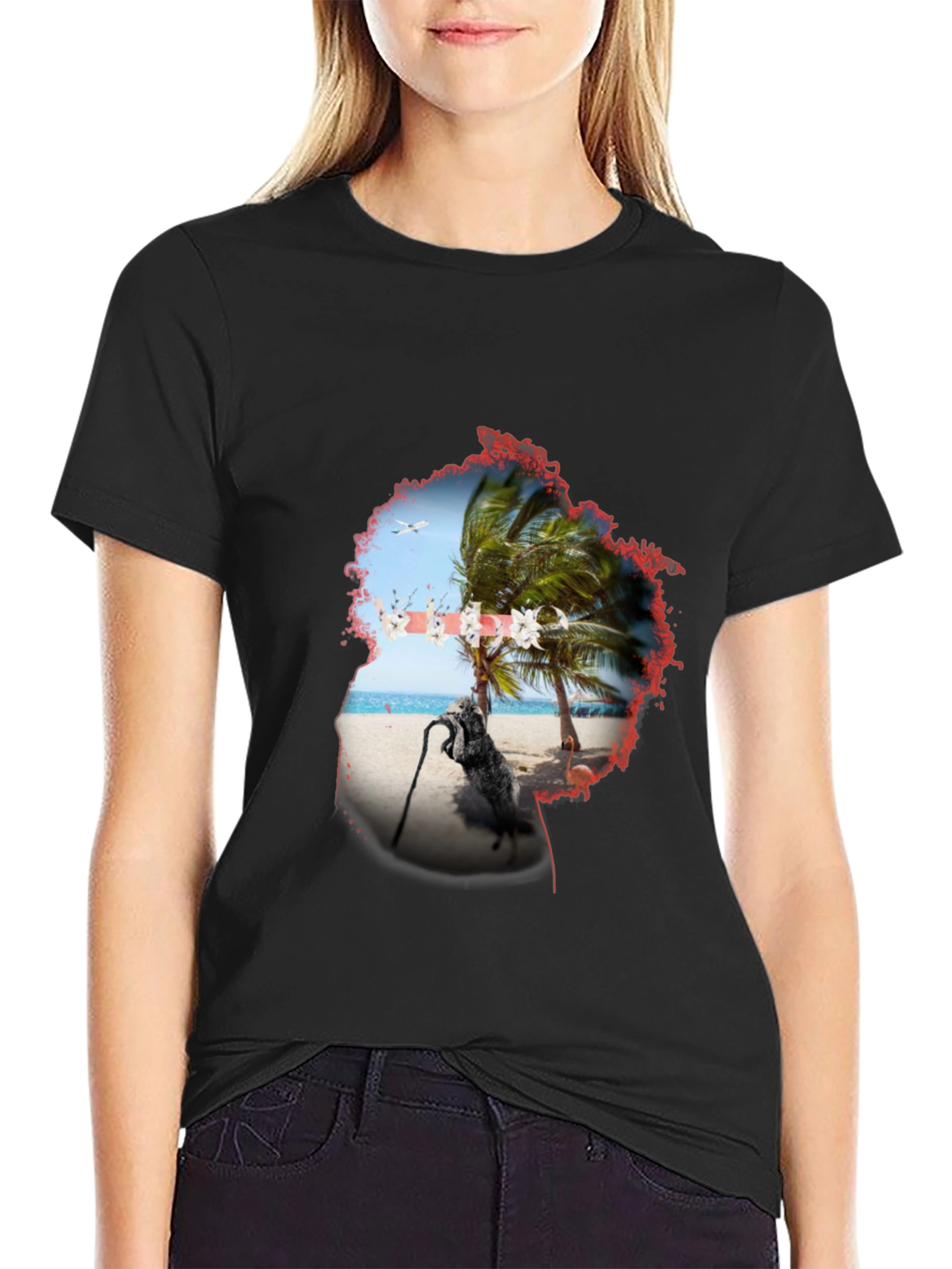 Tropical Island Graphic Black T-Shirt