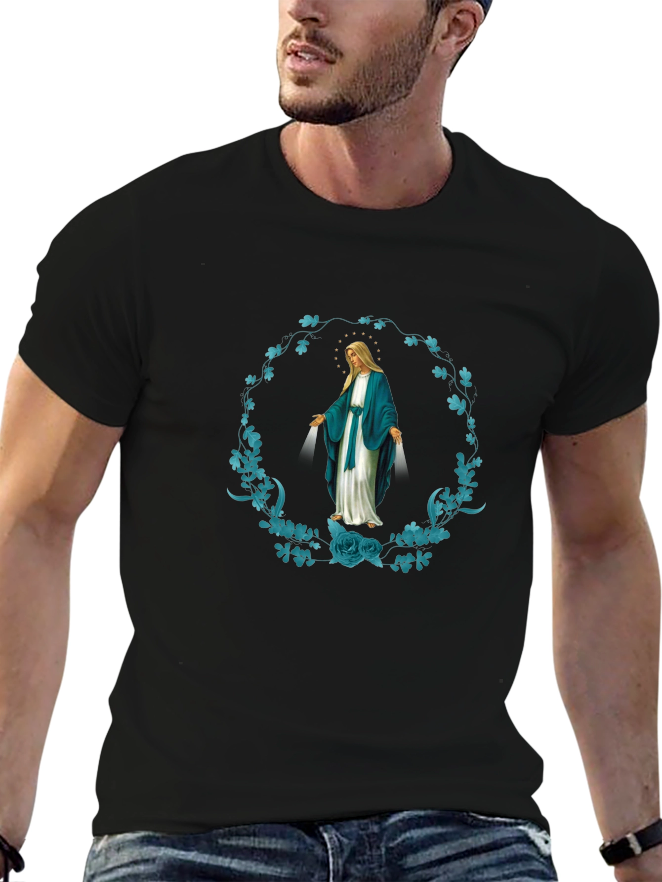 Virgin Mary Floral Wreath Graphic T-Shirt
