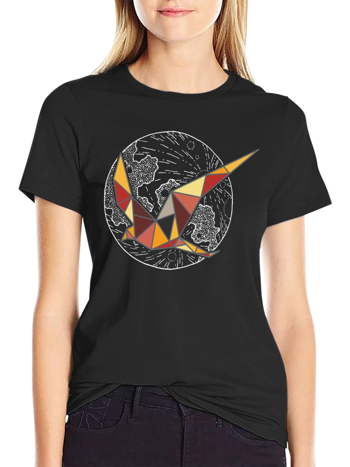 Geometric Bird Graphic Tee - Black Cotton Comfort
