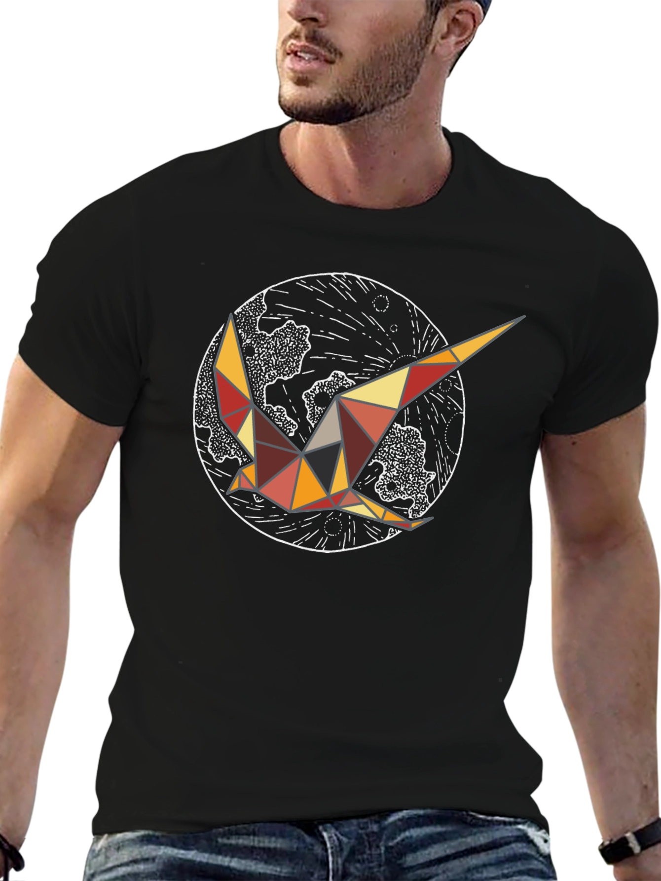 Geometric Bird Graphic Tee - Black Cotton Comfort