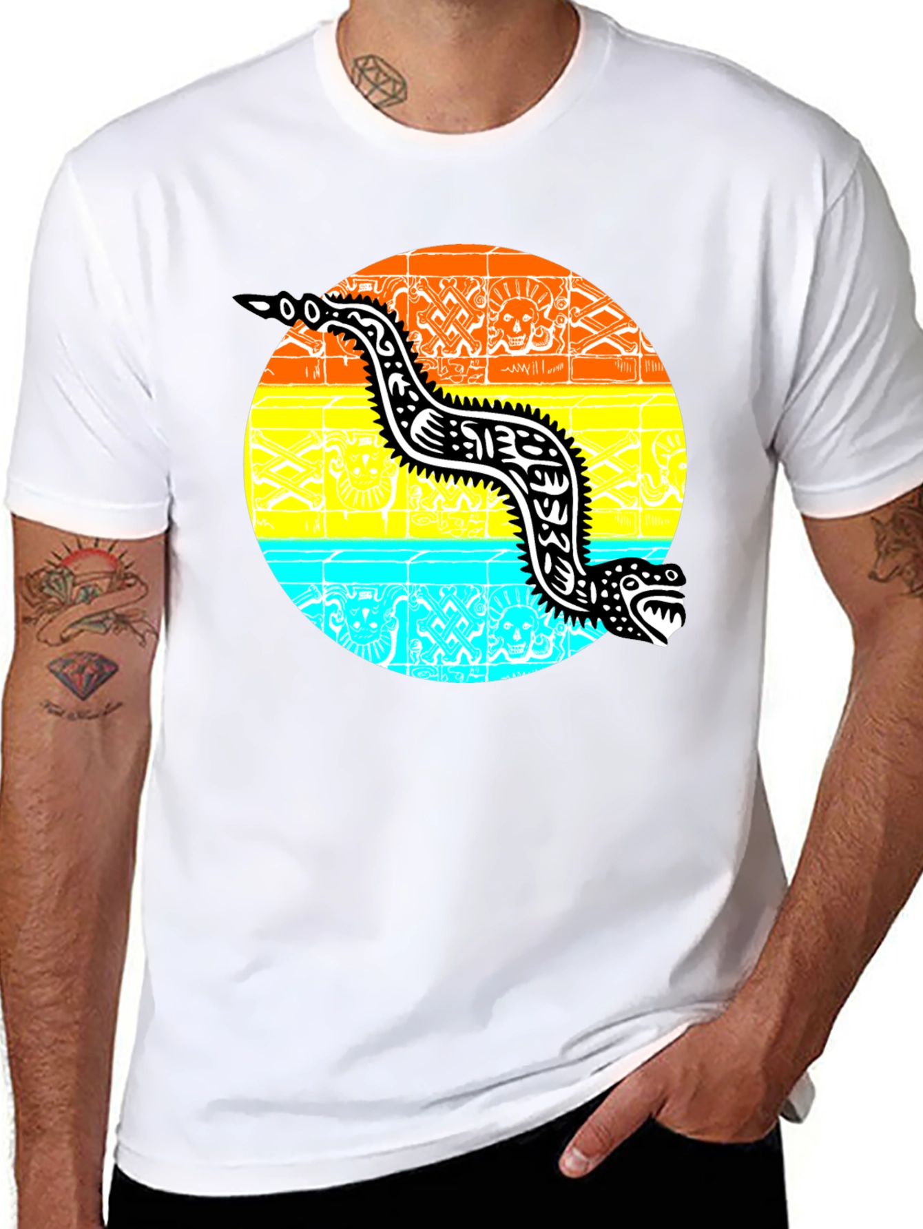 Aztec Serpent Graphic Tee - Black Cotton T-Shirt