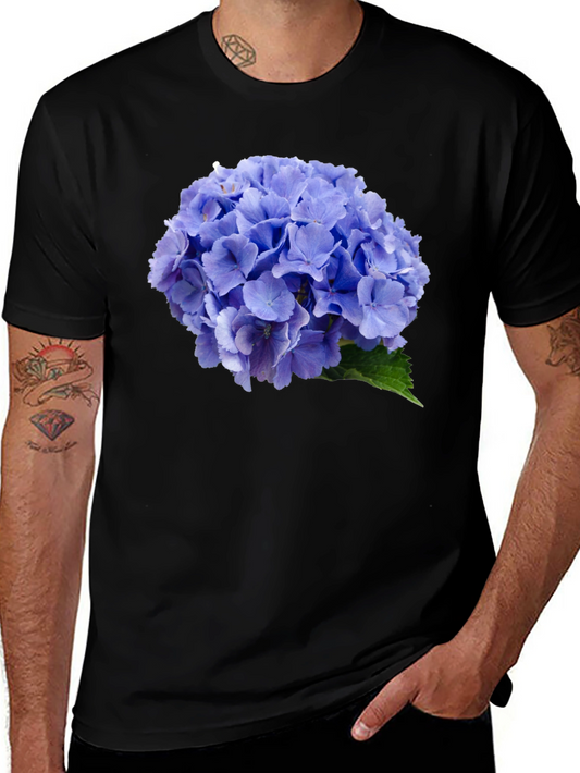 Blue Hydrangea Flower Print Black T-Shirt