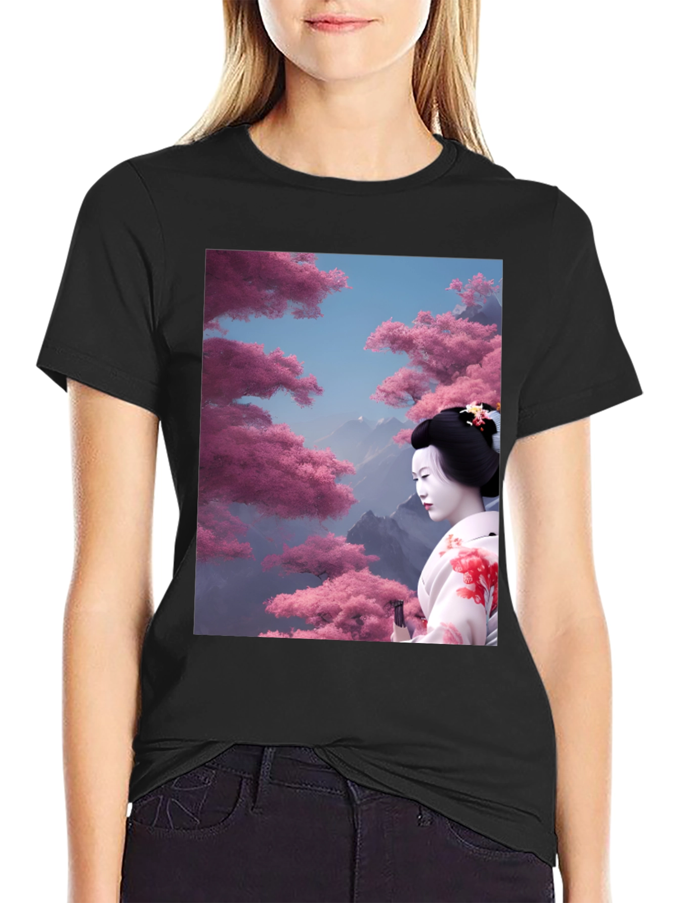 Geisha Cherry Blossom Graphic Tee - Black