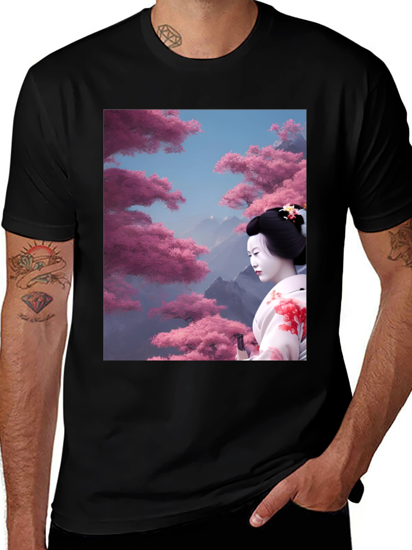 Geisha Cherry Blossom Graphic Tee - Black