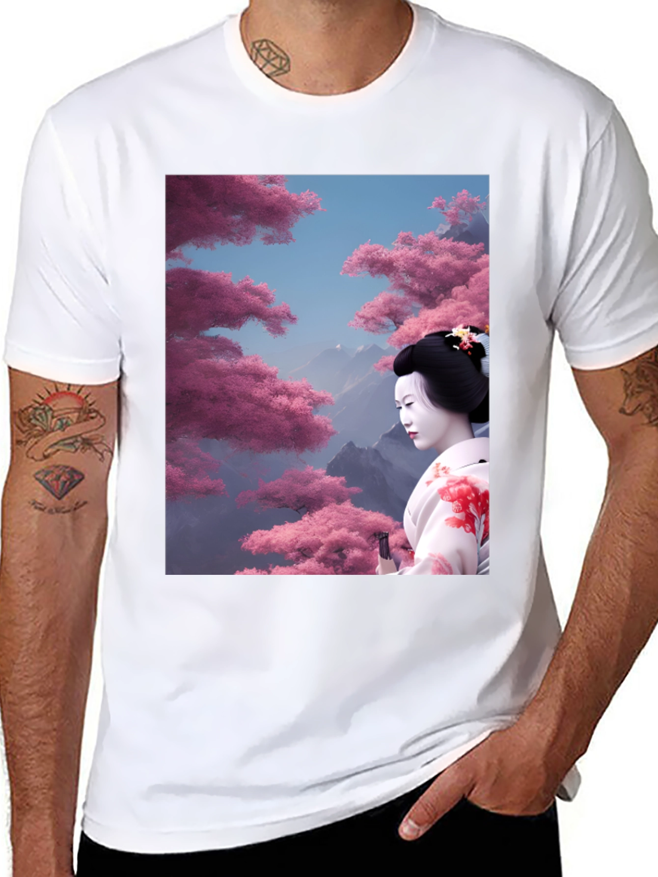 Geisha Cherry Blossom Graphic Tee - Black