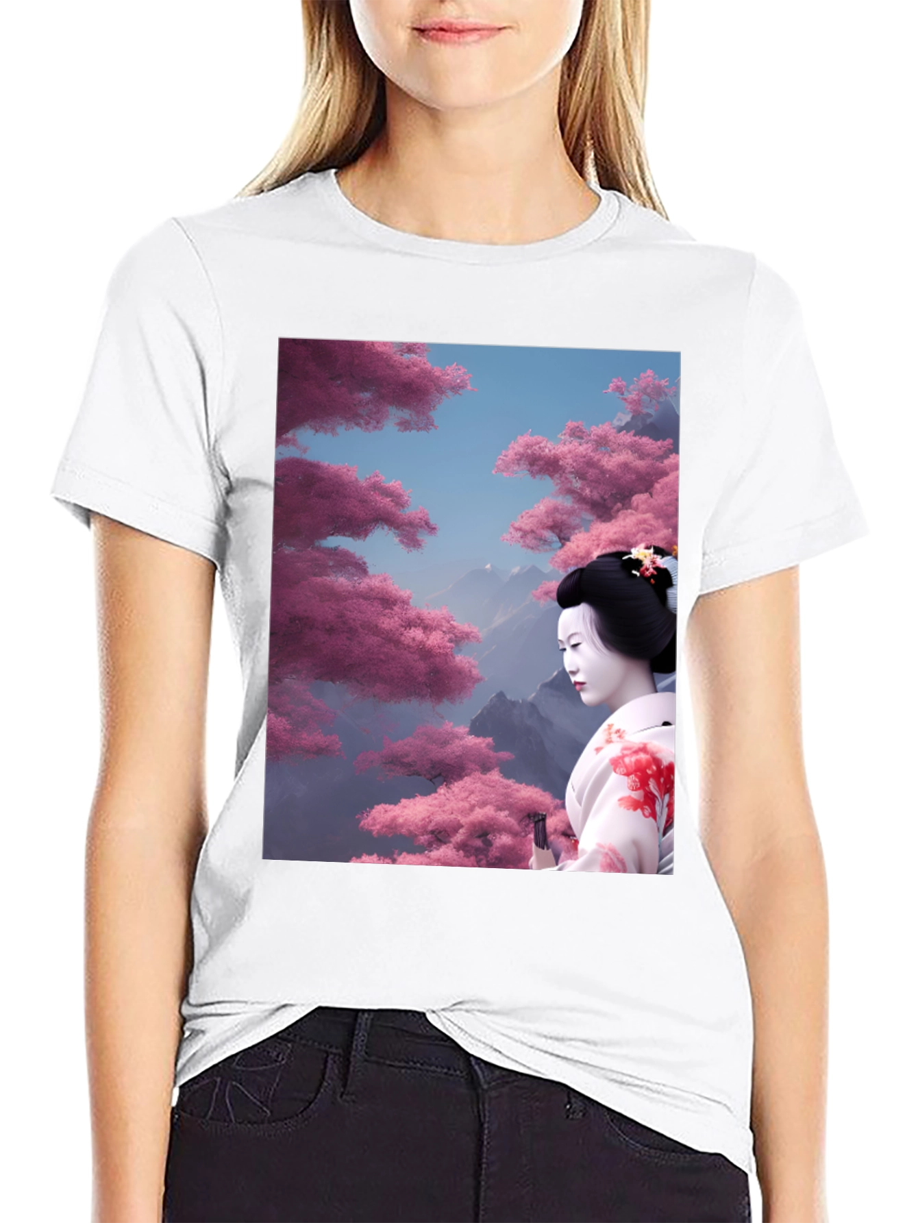 Geisha Cherry Blossom Graphic Tee - Black