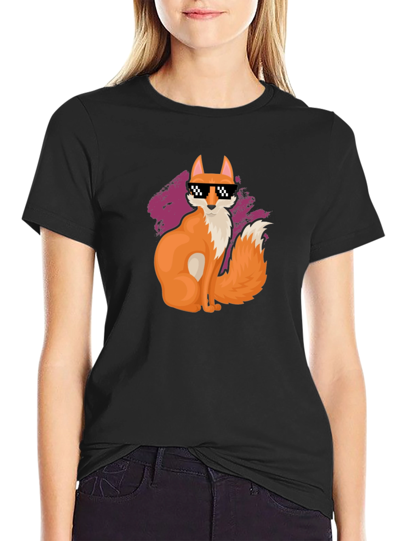 Cool Fox Pixel Sunglasses Black T-Shirt
