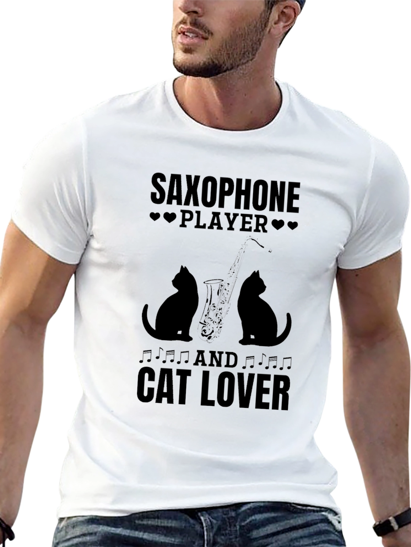 Saxophone Player & Cat Lover Black Graphic T-Shirt