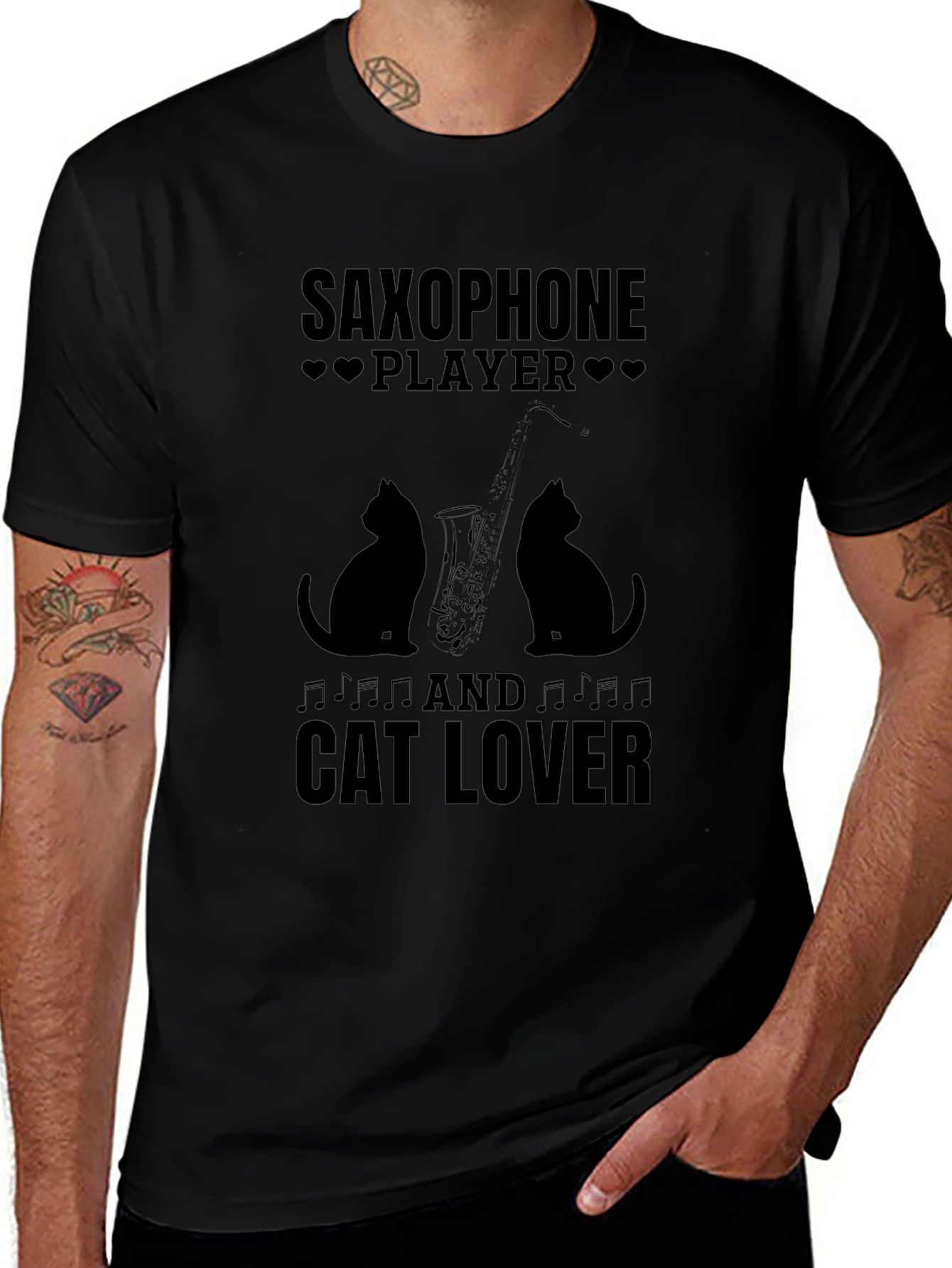 Saxophone Player & Cat Lover Black Graphic T-Shirt
