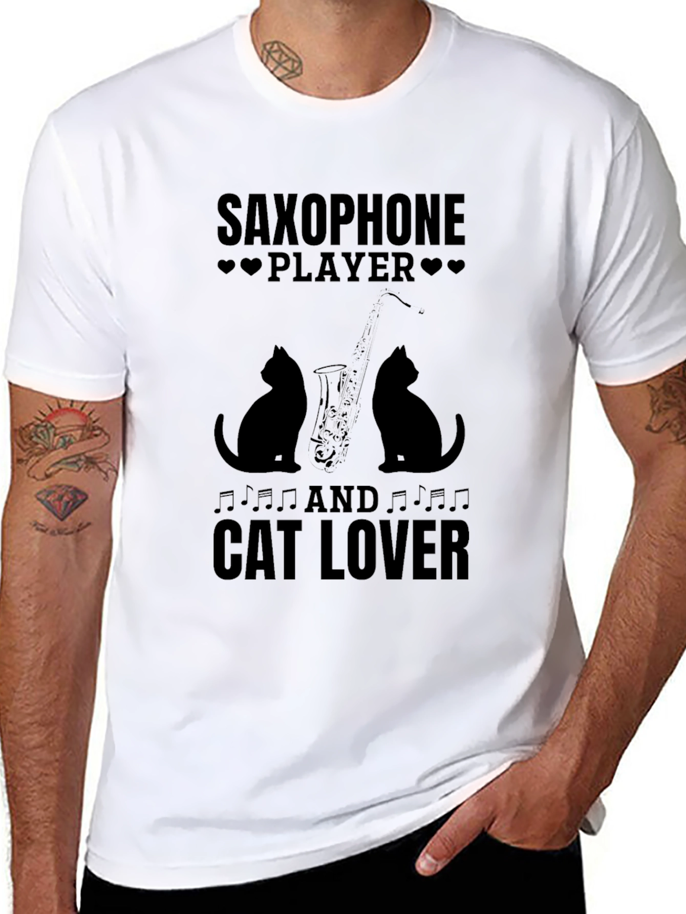 Saxophone Player & Cat Lover Black Graphic T-Shirt