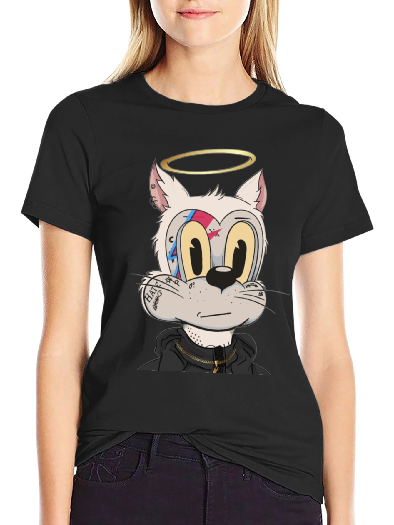 Cartoon Cat T-Shirt - Black Graphic Tee