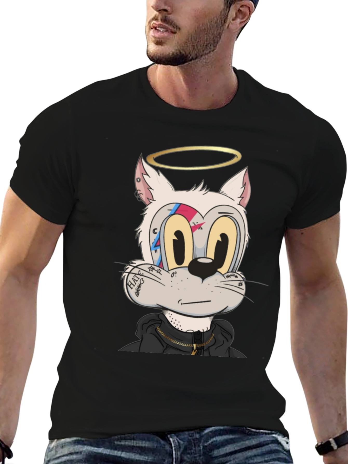 Cartoon Cat T-Shirt - Black Graphic Tee