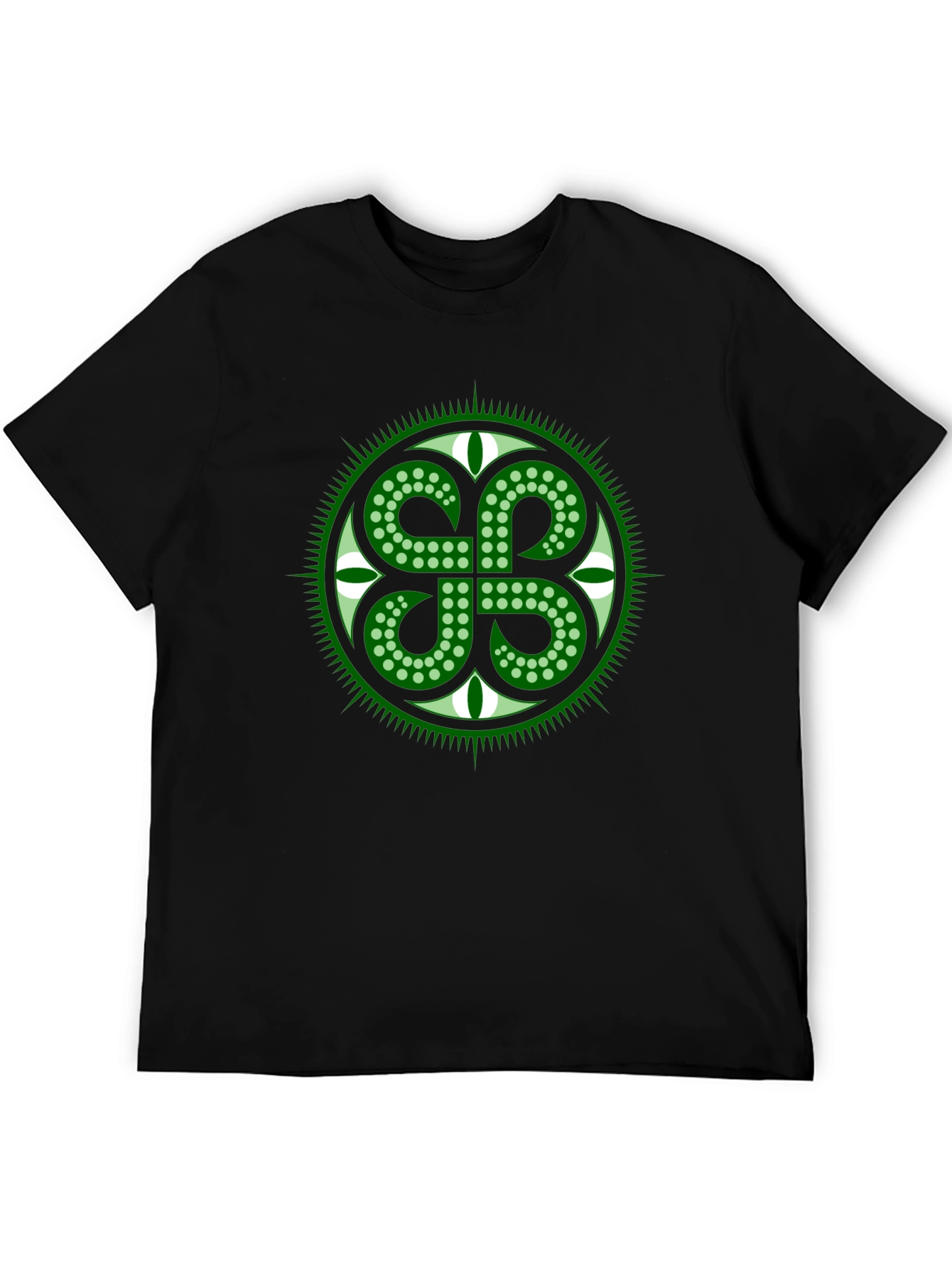 Green Shamrock Circle Black T-Shirt