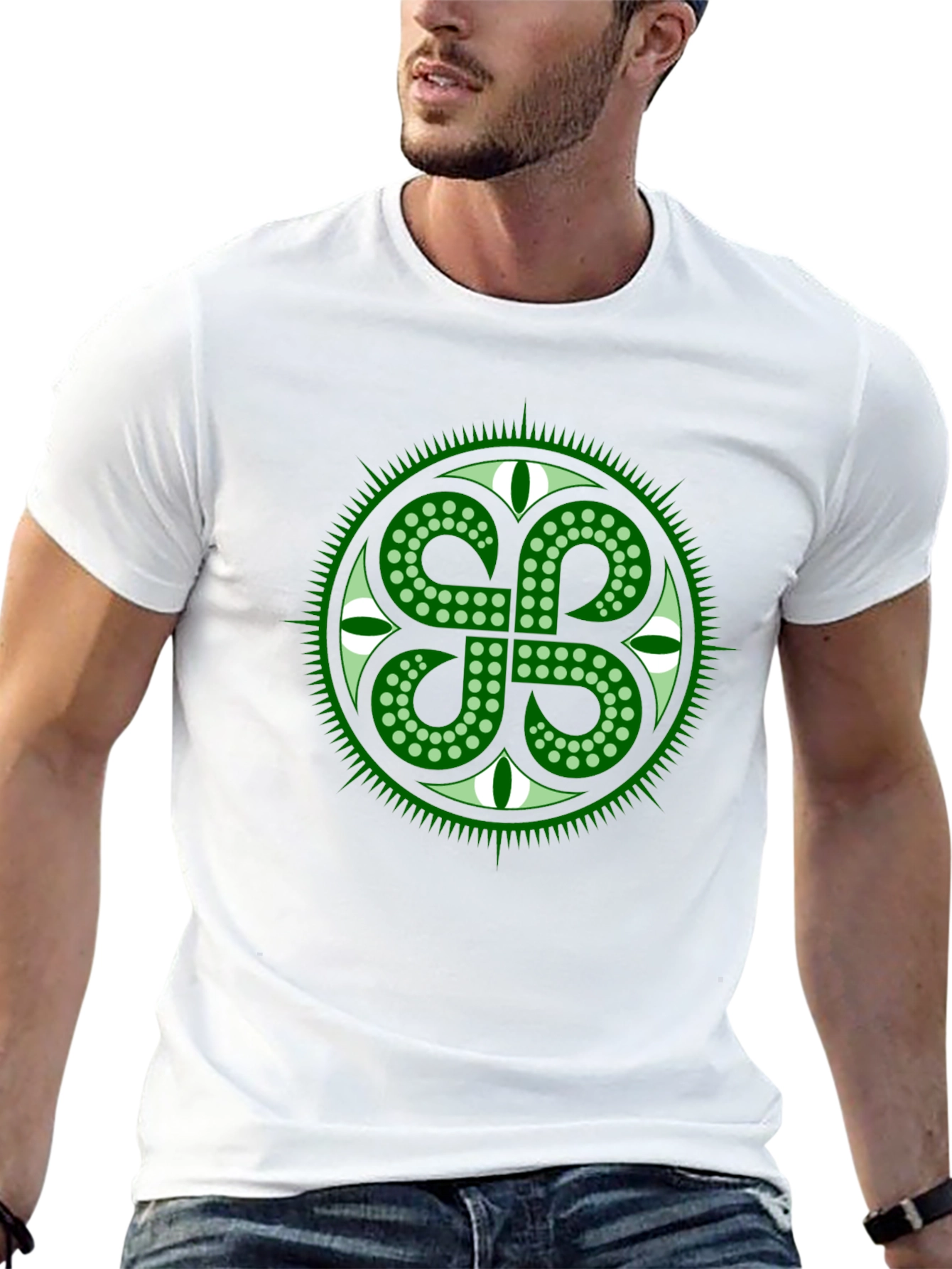 Green Shamrock Circle Black T-Shirt