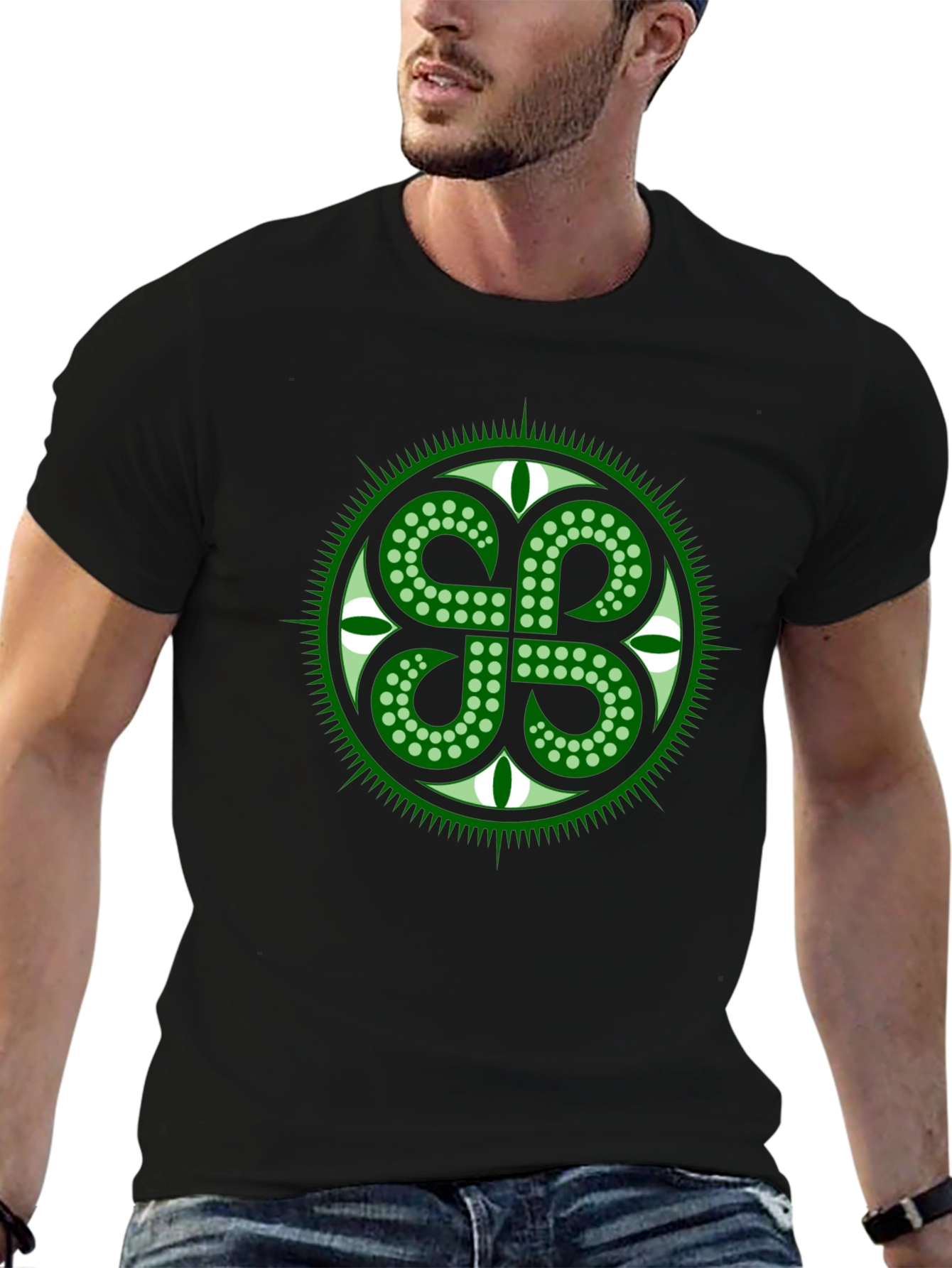 Green Shamrock Circle Black T-Shirt