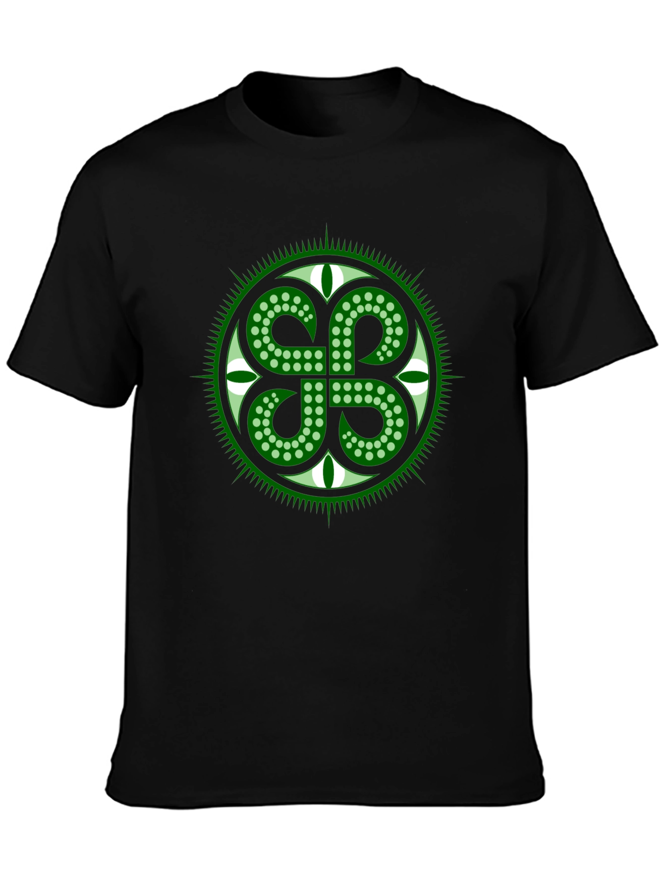 Green Shamrock Circle Black T-Shirt