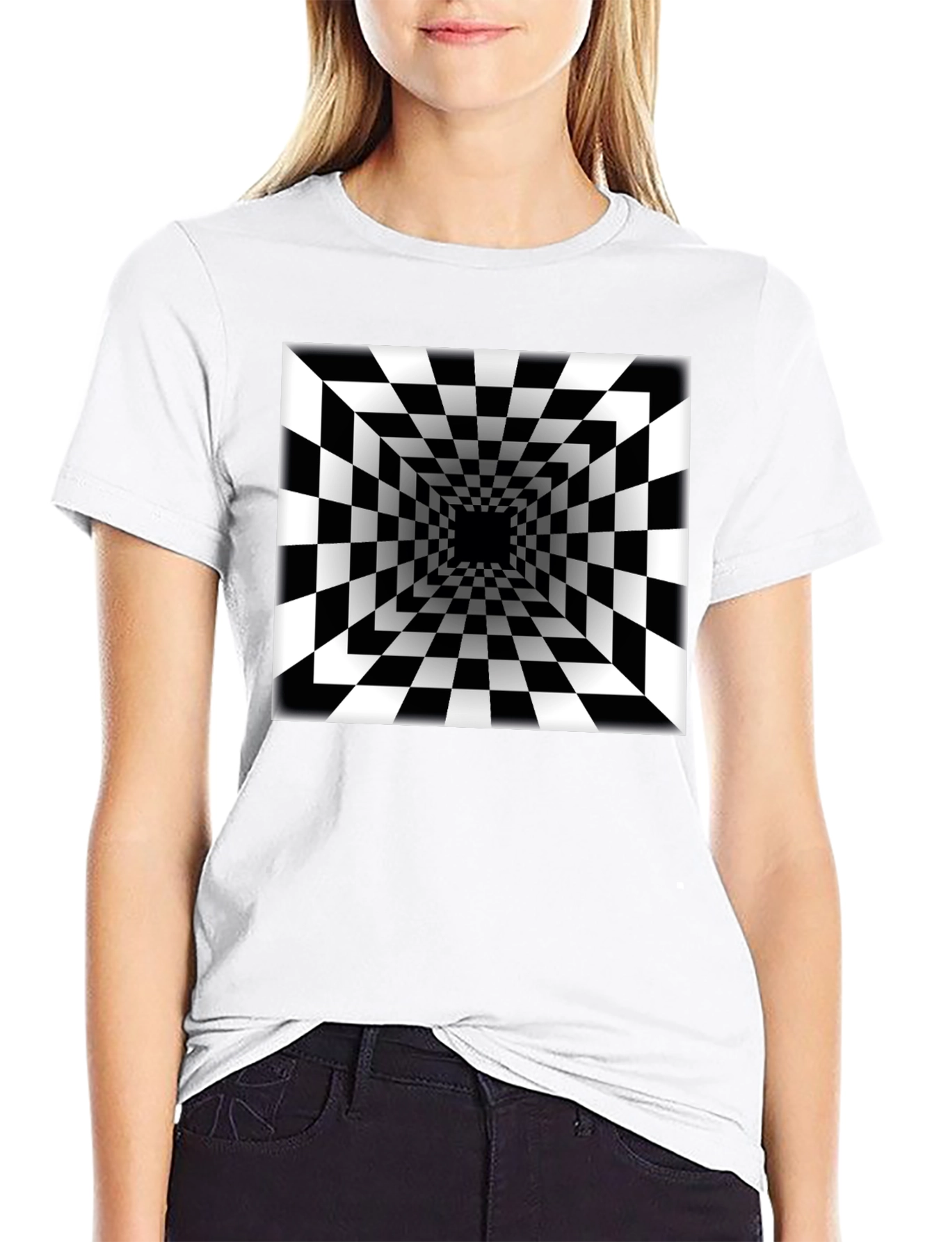 Optical Illusion Checkerboard Tunnel Black T-Shirt