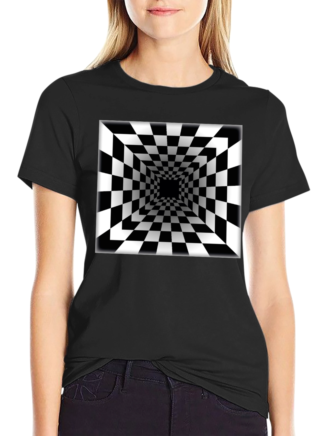 Optical Illusion Checkerboard Tunnel Black T-Shirt