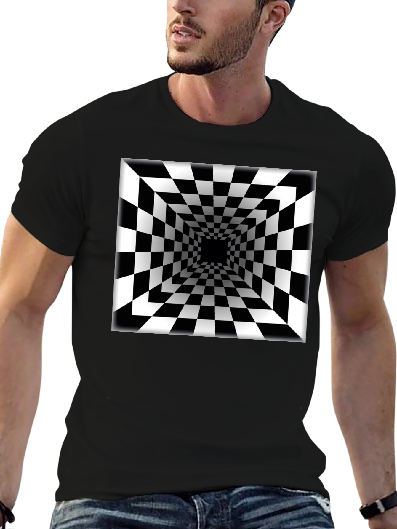 Optical Illusion Checkerboard Tunnel Black T-Shirt