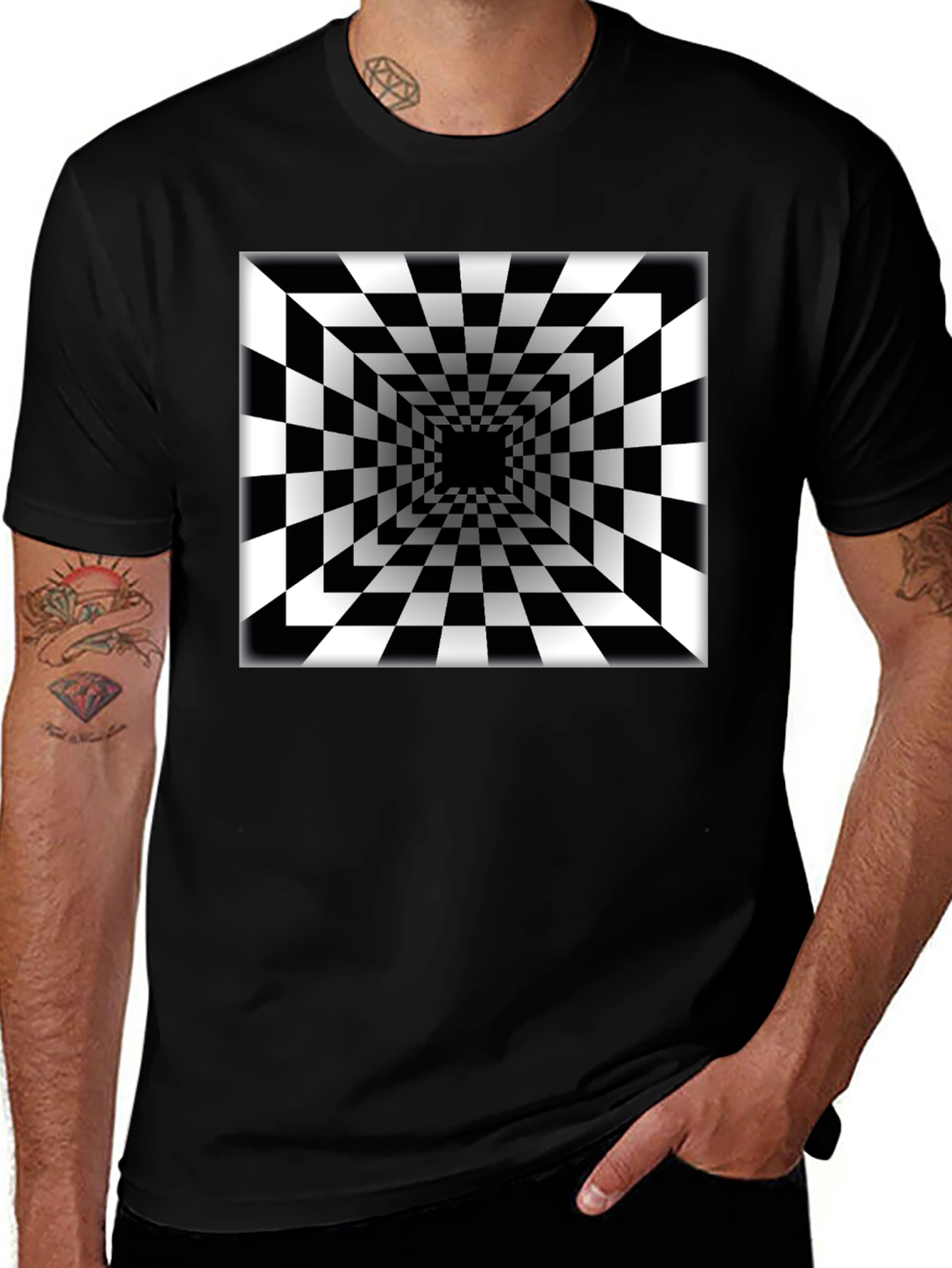 Optical Illusion Checkerboard Tunnel Black T-Shirt
