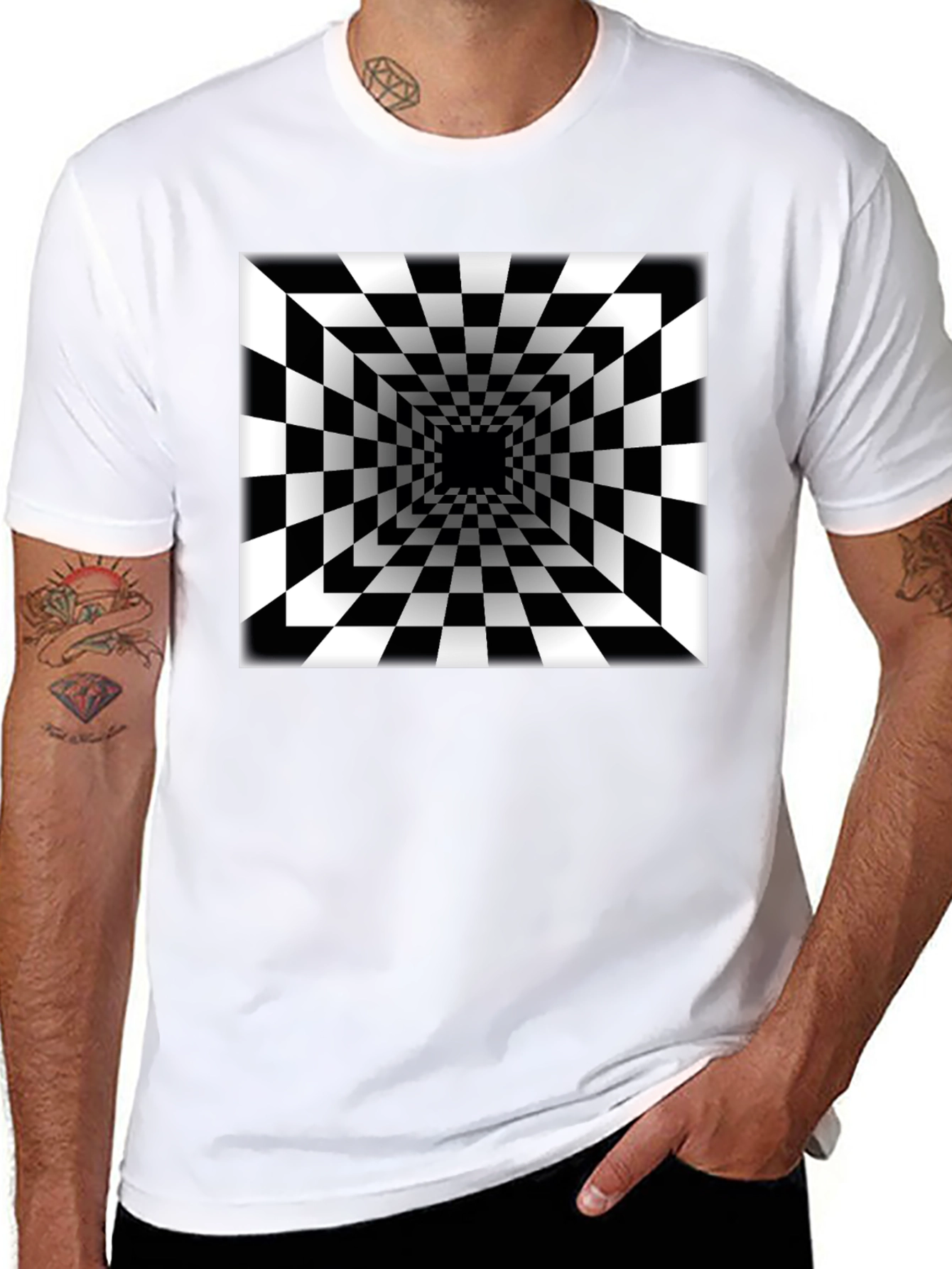 Optical Illusion Checkerboard Tunnel Black T-Shirt