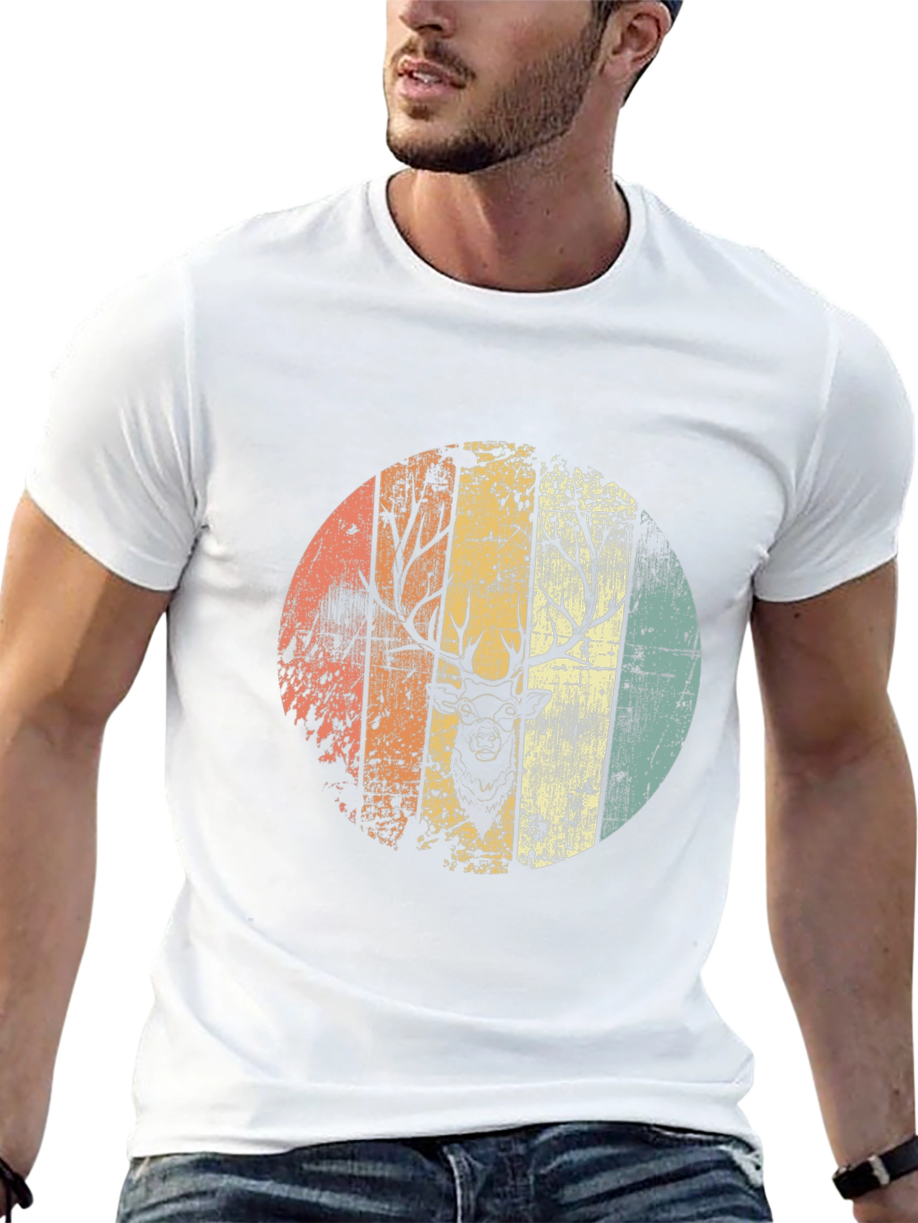 Retro Deer Graphic Tee - Black Cotton Blend Shirt