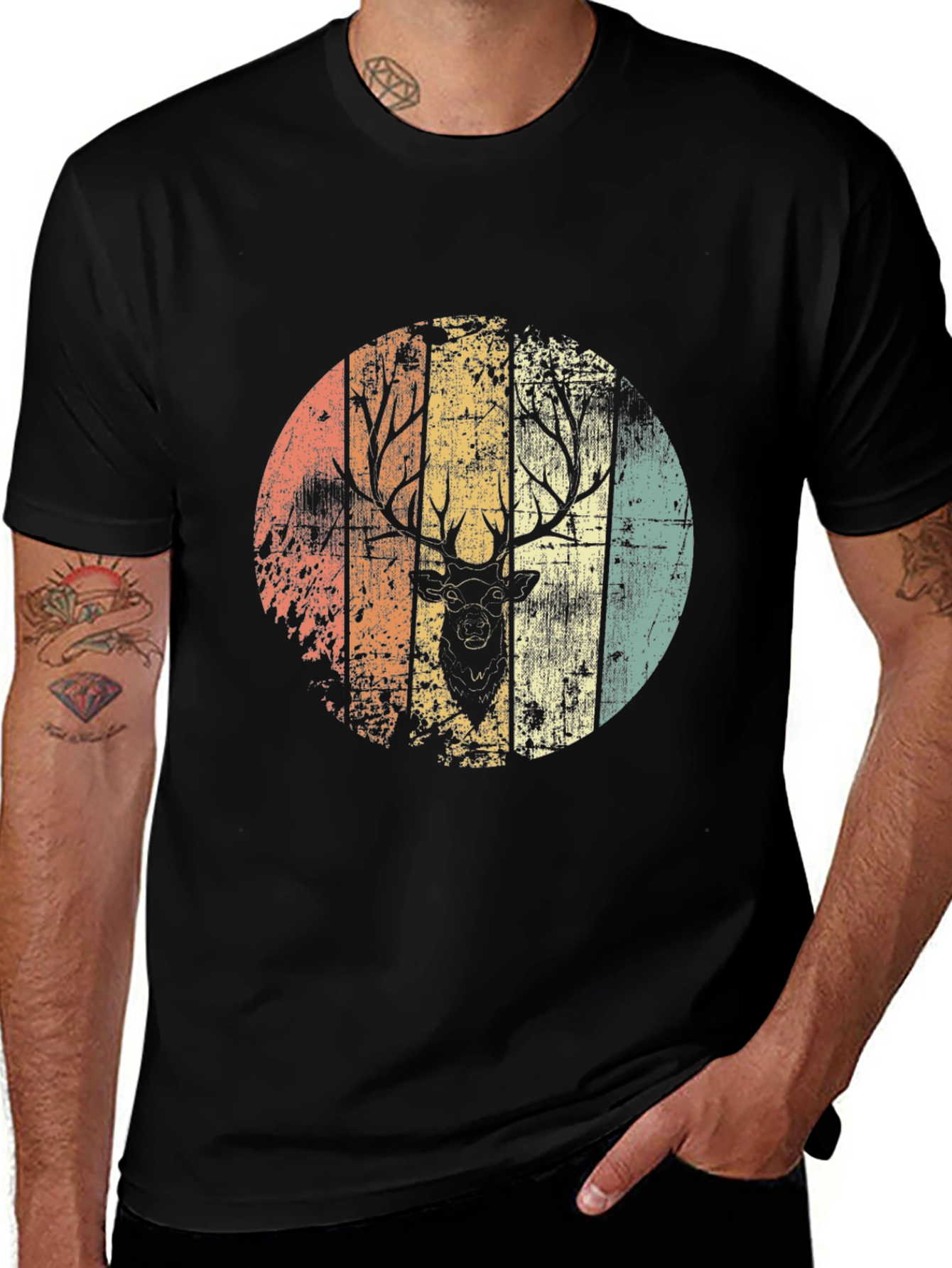 Retro Deer Graphic Tee - Black Cotton Blend Shirt
