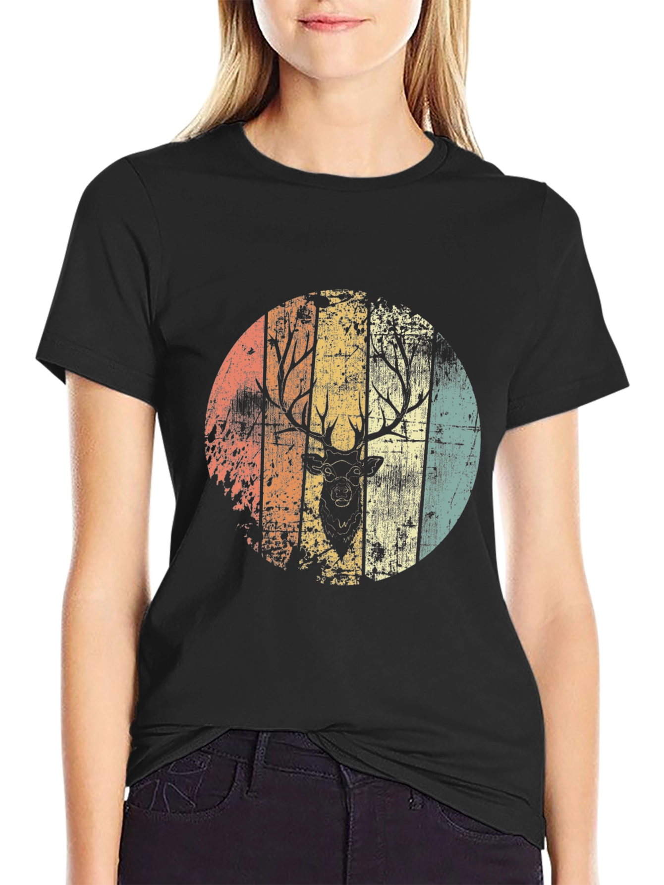 Retro Deer Graphic Tee - Black Cotton Blend Shirt