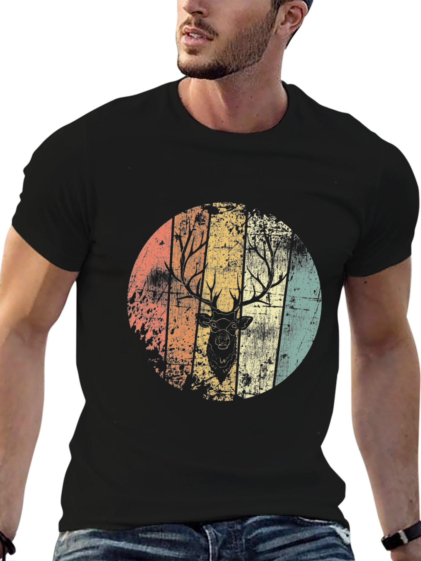 Retro Deer Graphic Tee - Black Cotton Blend Shirt