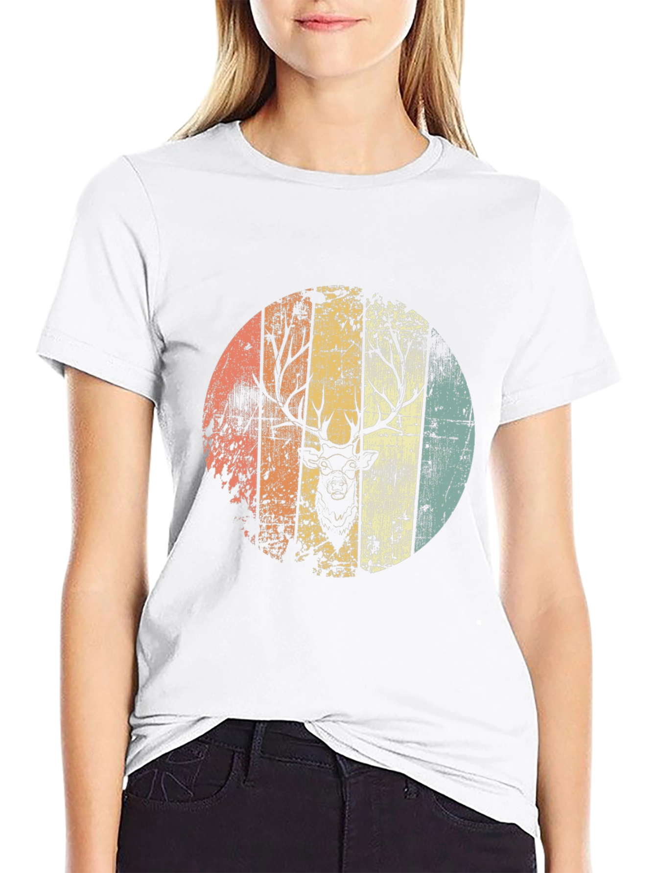Retro Deer Graphic Tee - Black Cotton Blend Shirt