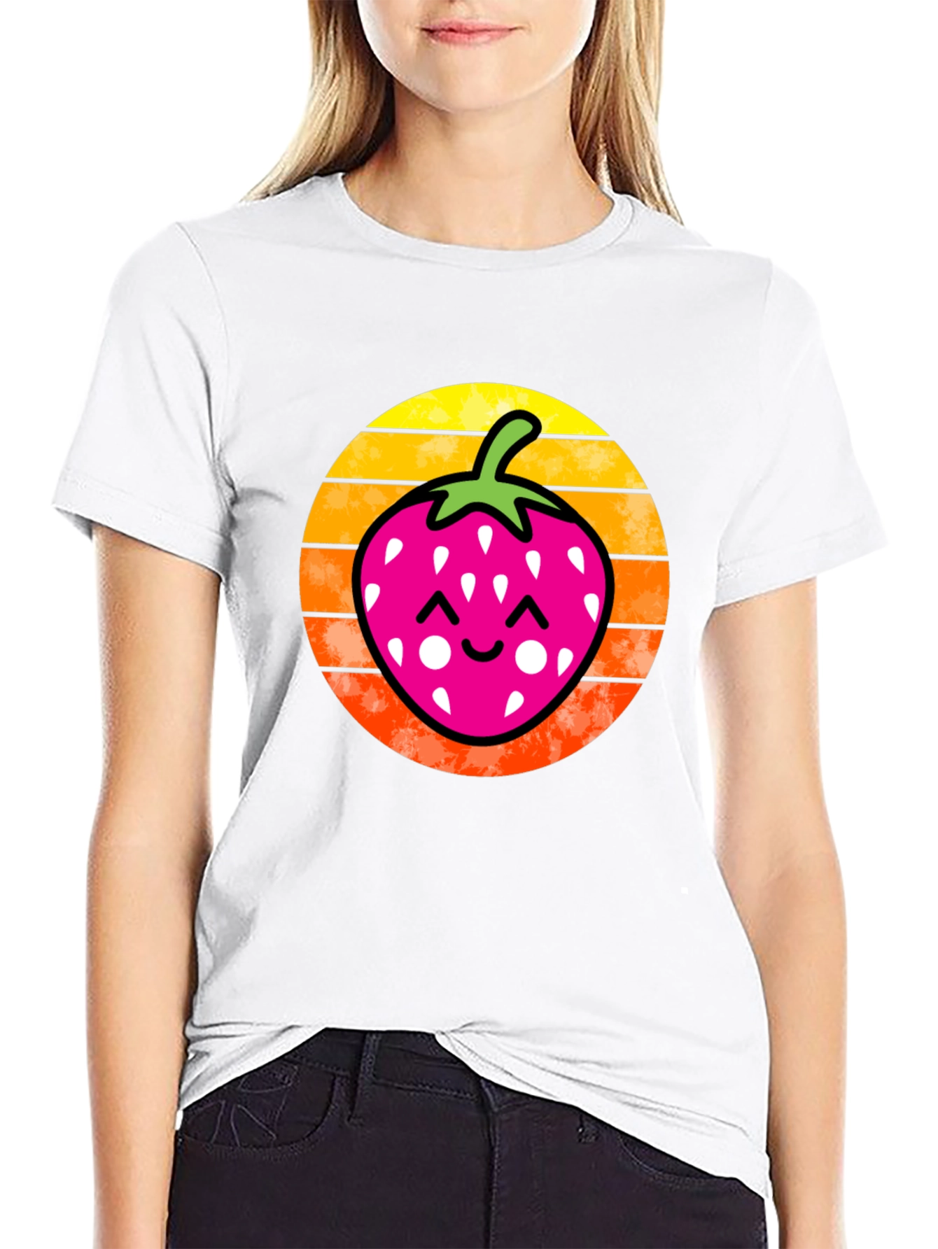 Strawberry Sunset Graphic Tee - Black Cotton Shirt