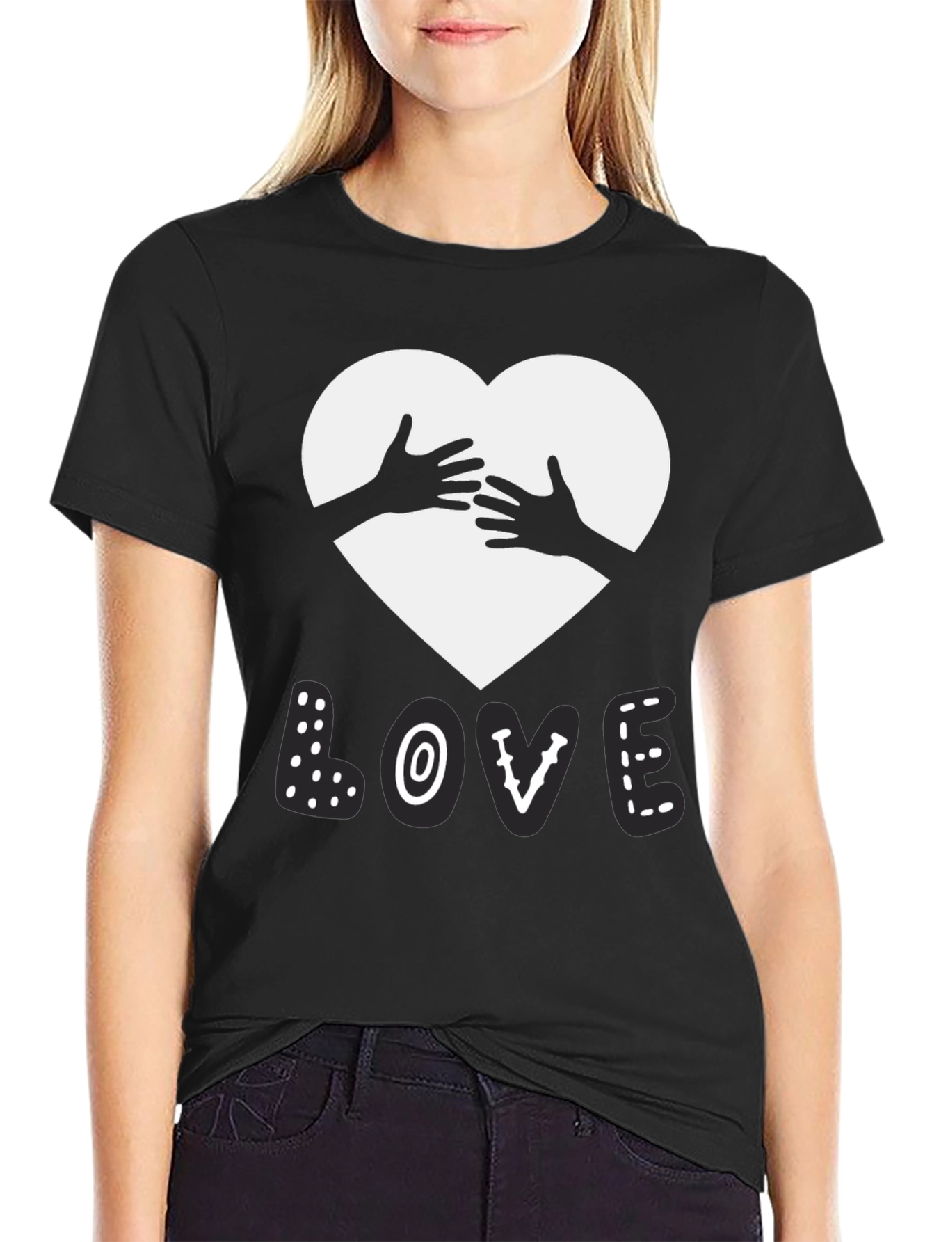 Love Heart Hands Graphic Black T-Shirt