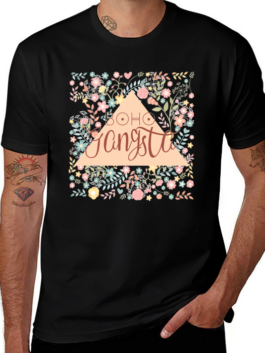 Boho Gangsta Floral Graphic Print Black T-Shirt