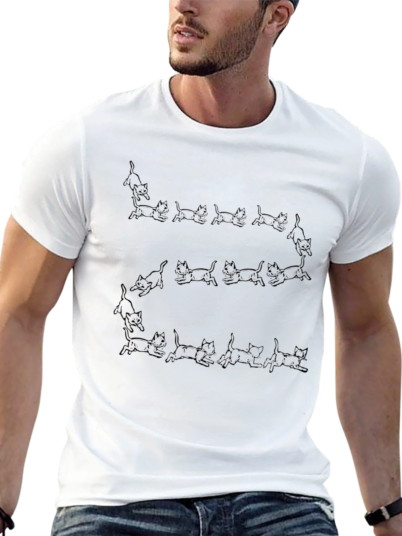 Mens Black Cat Print T-Shirt
