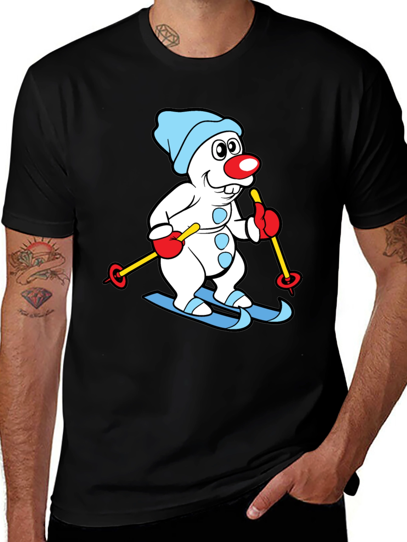 Skiing Snowman Graphic Tee - Black Cotton Blend Shirt