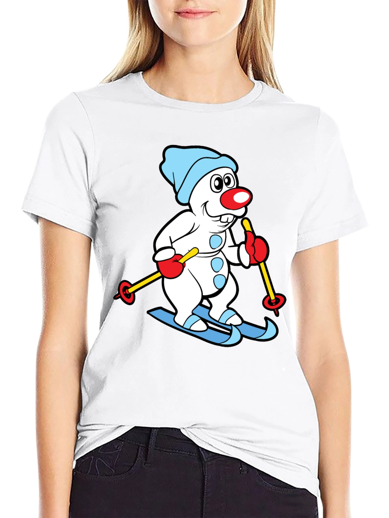 Skiing Snowman Graphic Tee - Black Cotton Blend Shirt