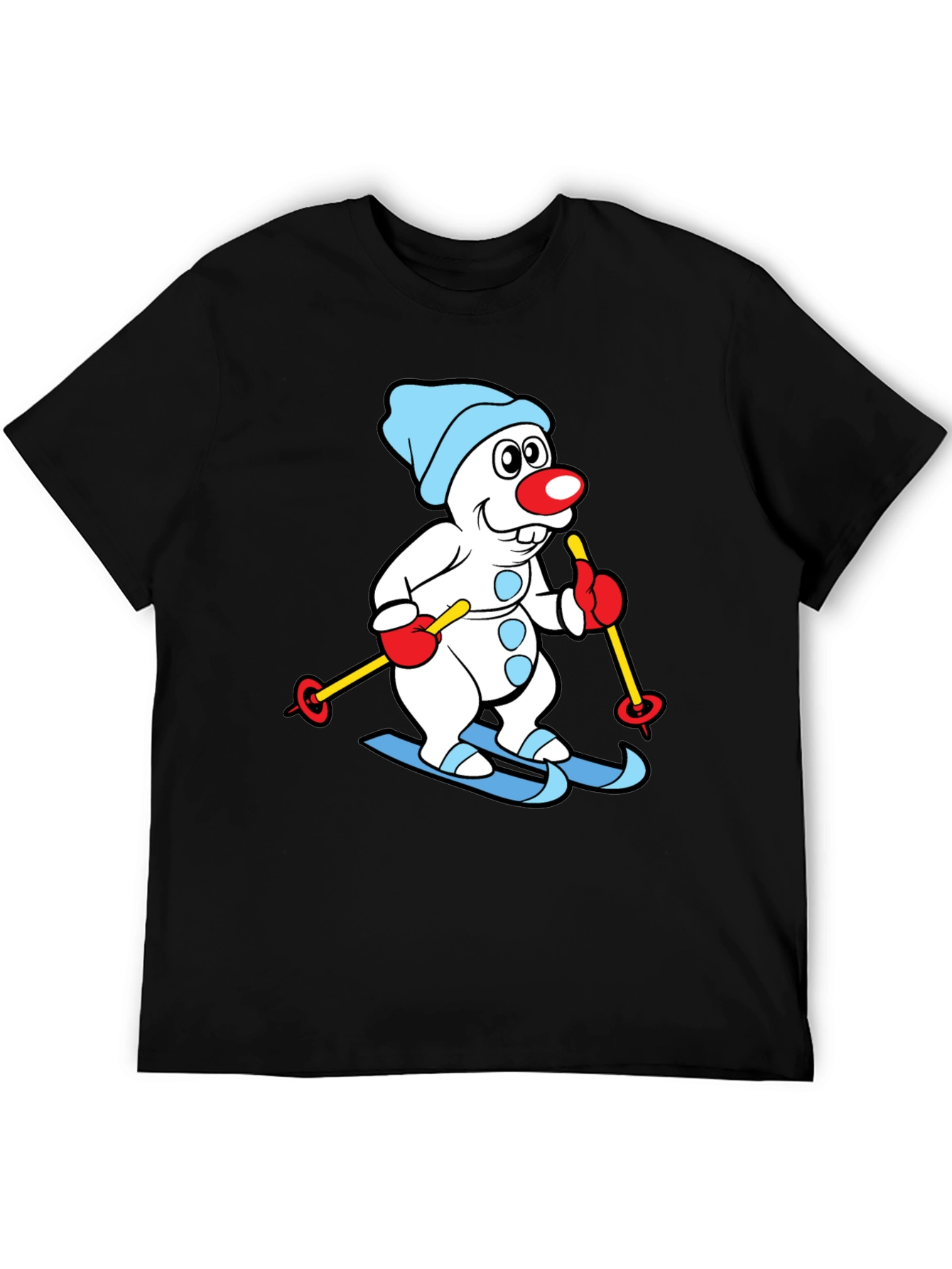 Skiing Snowman Graphic Tee - Black Cotton Blend Shirt