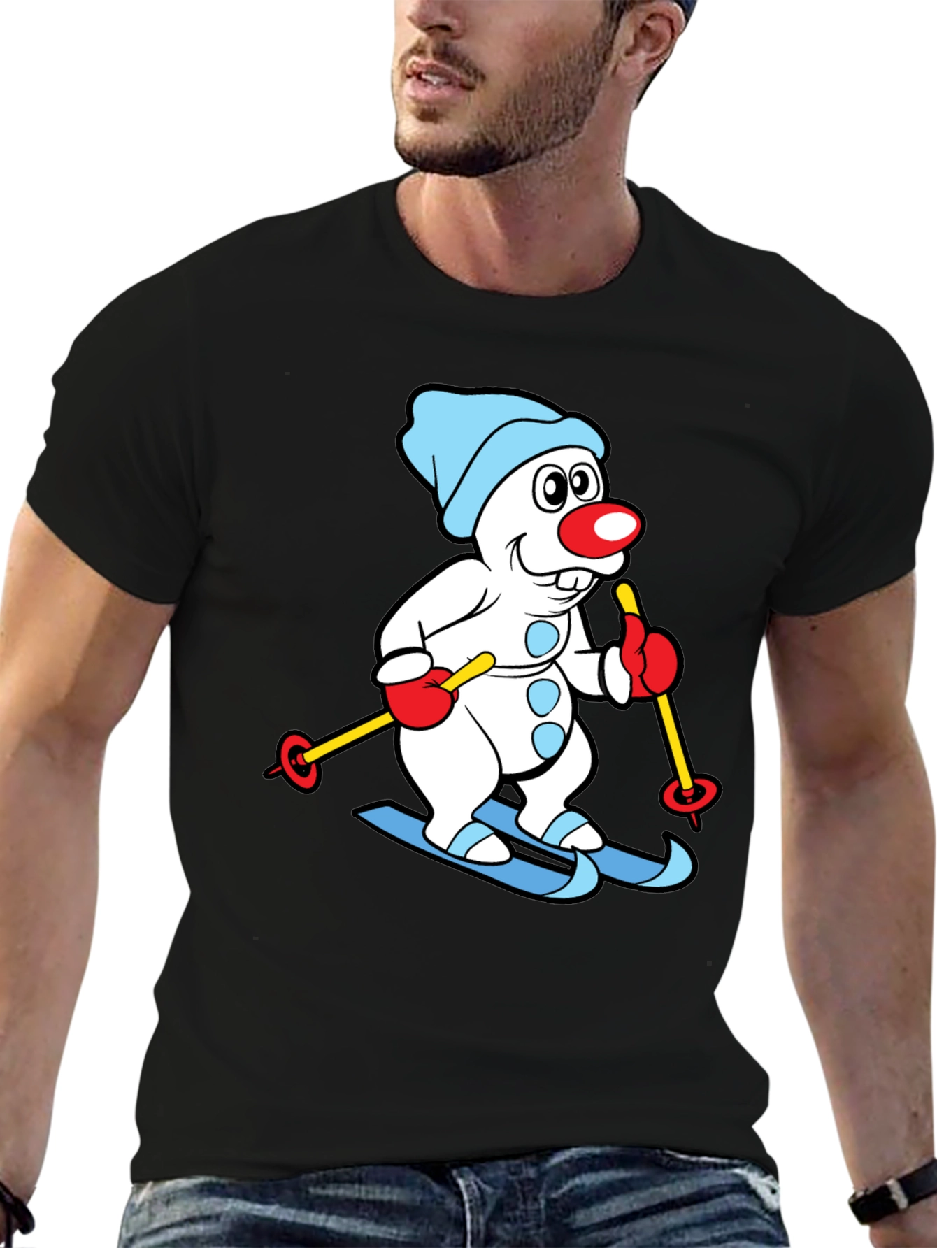 Skiing Snowman Graphic Tee - Black Cotton Blend Shirt